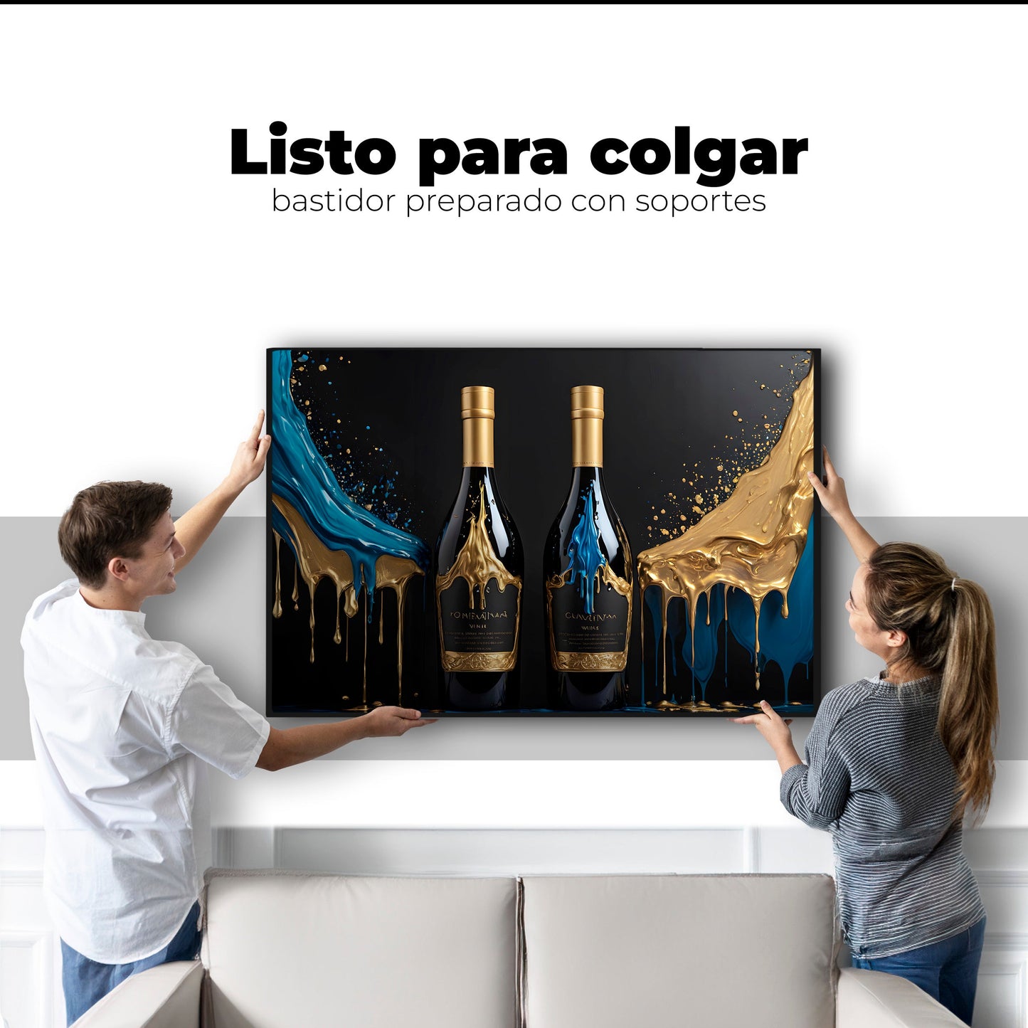 Cuadros Decorativos Canvas Revolution | Botella Azul Dorado | Colgar