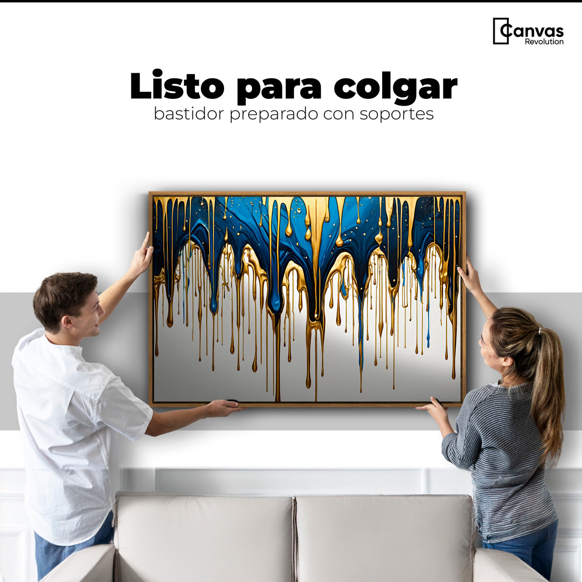 Cuadros Decorativos Canvas Revolution | Cascada Azul Dorado | Colgar
