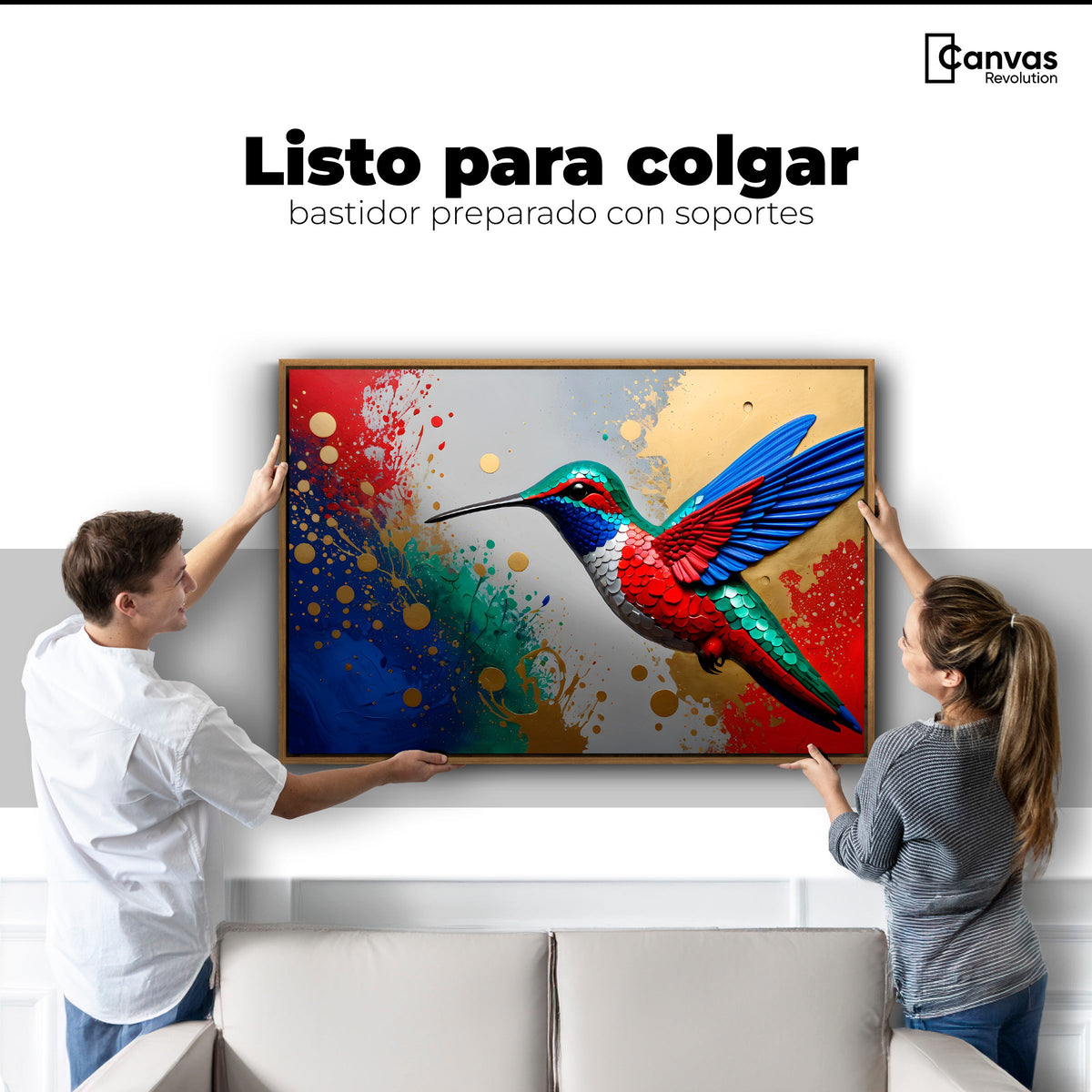 Cuadros Decorativos Canvas Revolution | Colibri Rocio Oro | Colgar