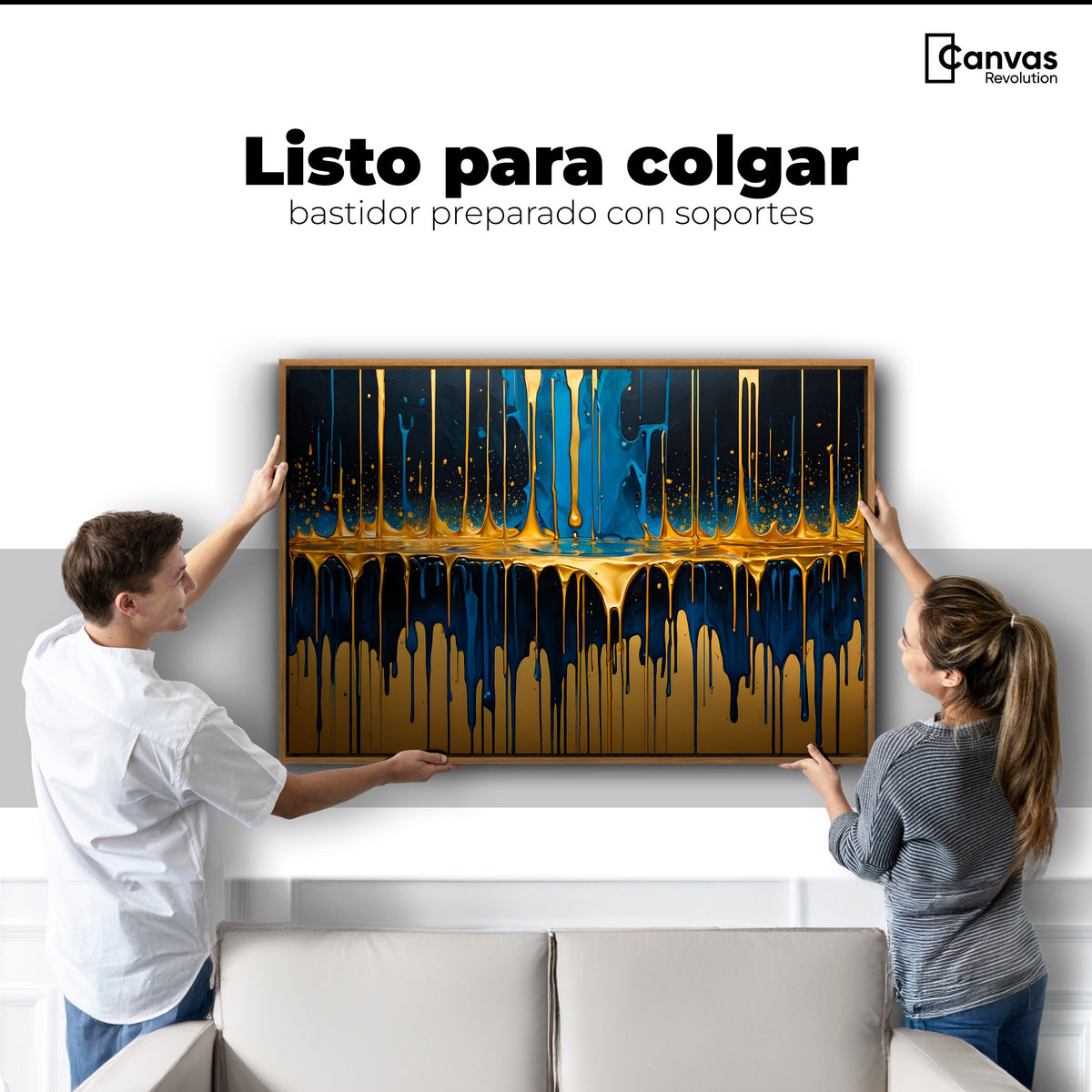Cuadros Decorativos Canvas Revolution | Gotas Azul Doradas | Colgar