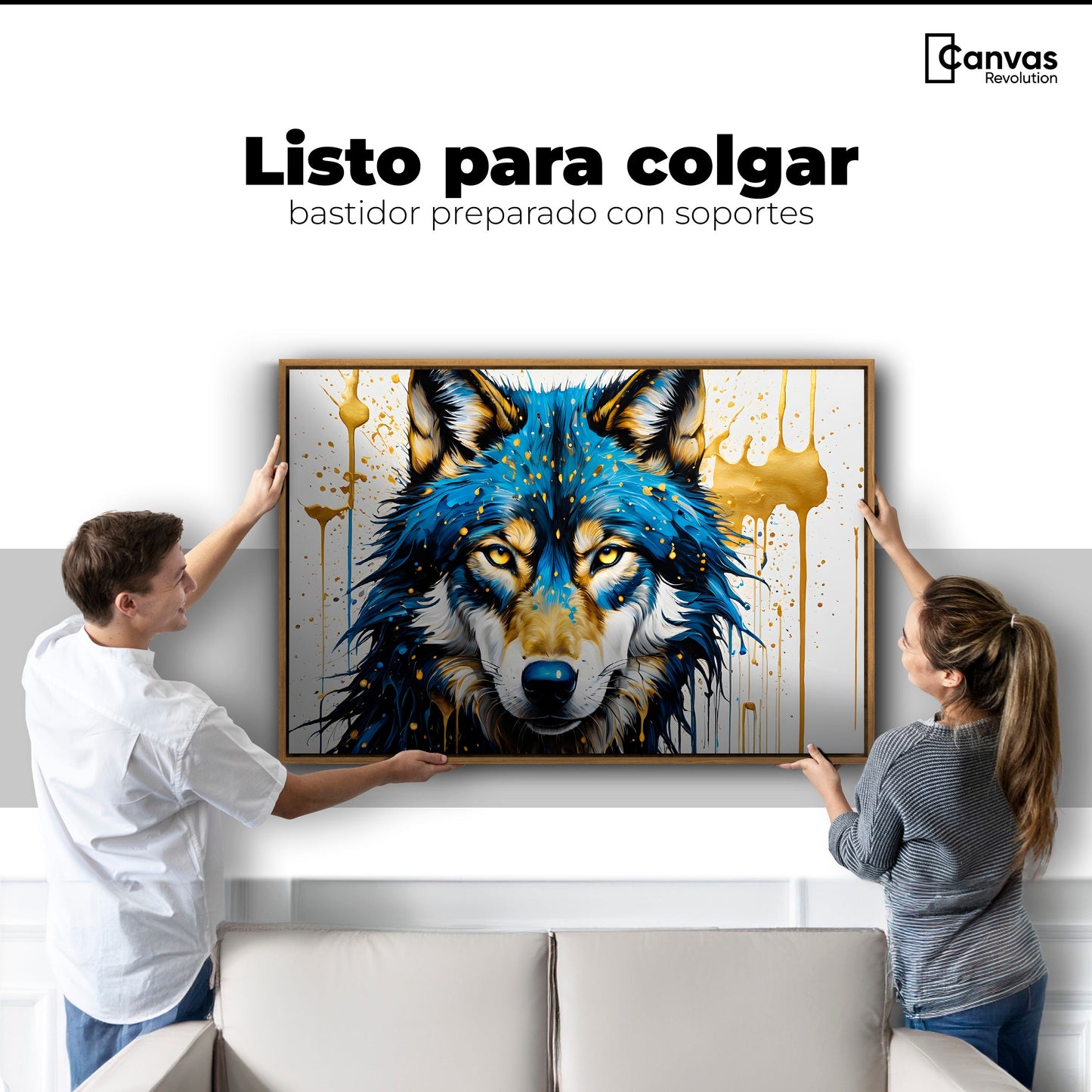 Cuadros Decorativos Canvas Revolution | Lobo Azul Dorado | Colgar