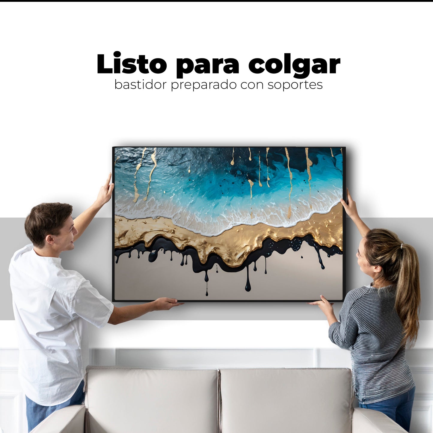Cuadros Decorativos Canvas Revolution | Olas Azul Doradas | Colgar