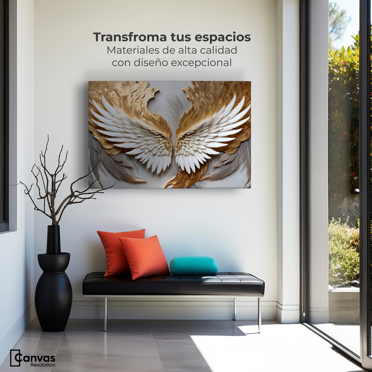 Cuadros Decorativos Canvas Revolution | Alas Plumas Doradas | Montaje1