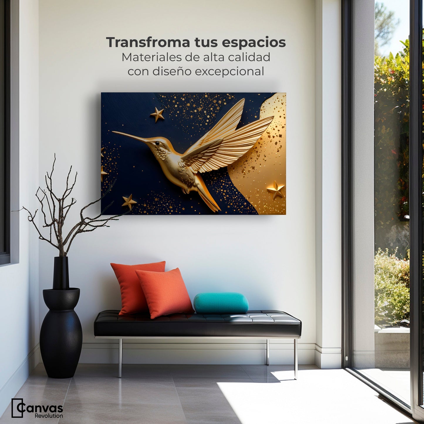 Cuadros Decorativos Canvas Revolution | Colibri Sol Dorado | Montaje1
