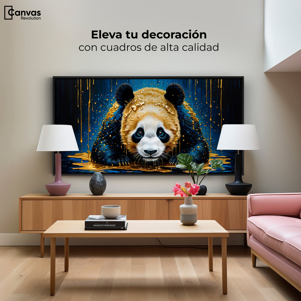 Cuadros Decorativos Canvas Revolution | Abrazo Panda Dorado | Montaje2