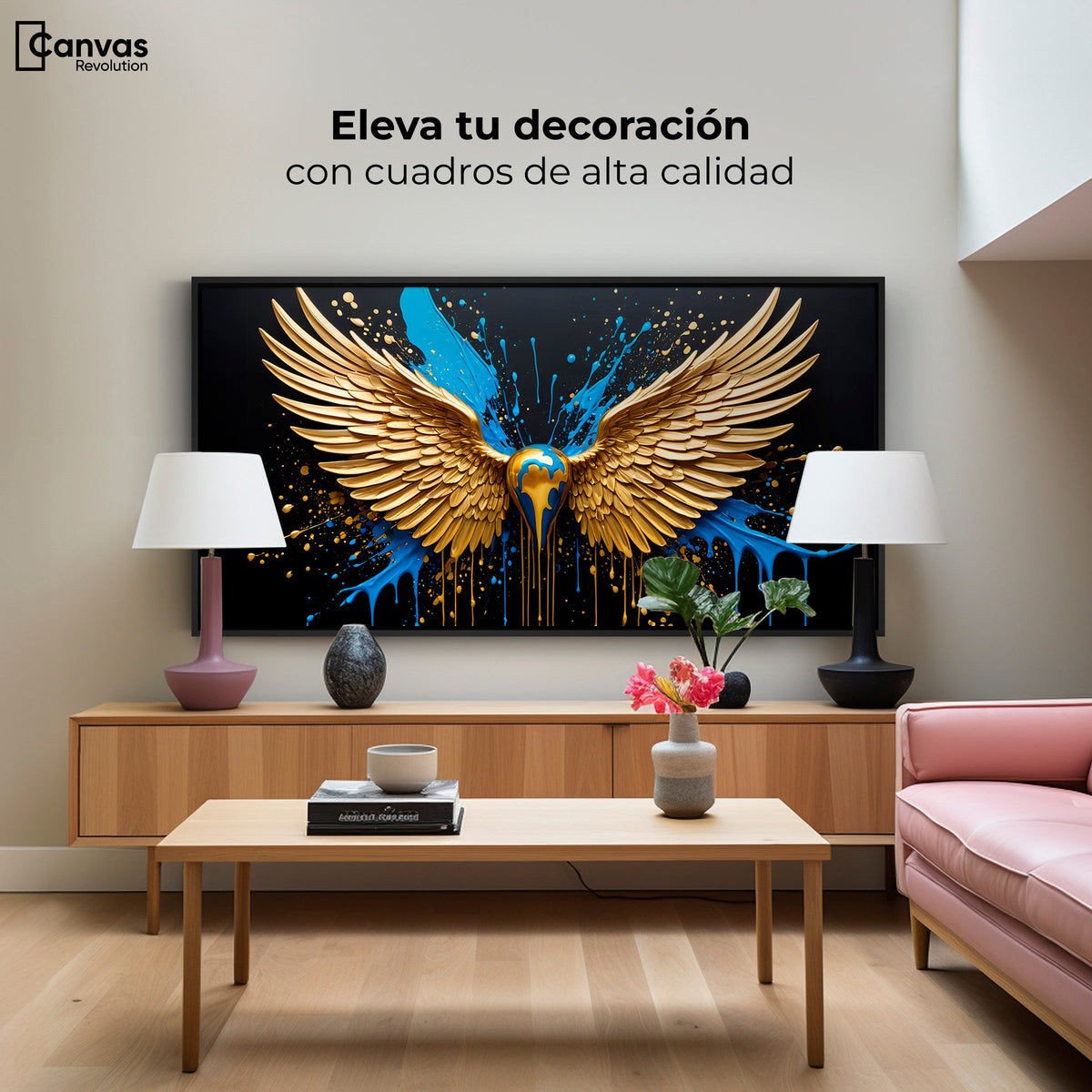 Cuadros Decorativos Canvas Revolution | Alas Angel Dorado | Montaje2