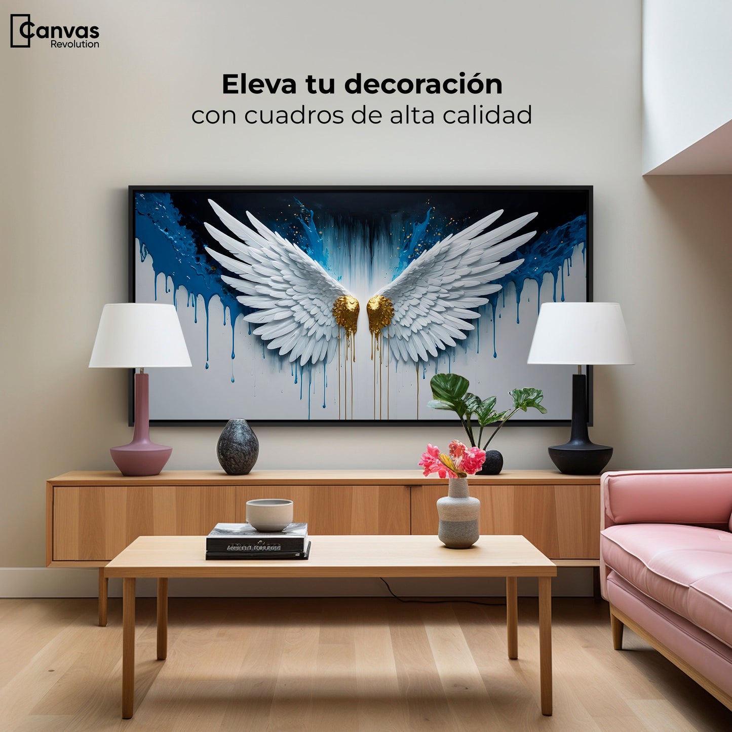 Cuadros Decorativos Canvas Revolution | Alas Corazon Dorado | Montaje2