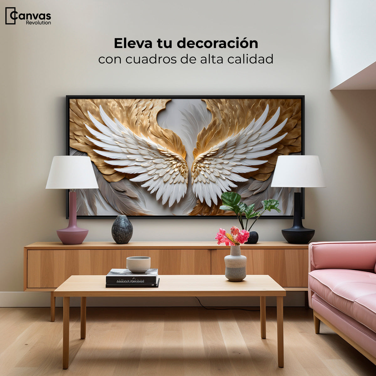 Cuadros Decorativos Canvas Revolution | Alas Plumas Doradas | Montaje2