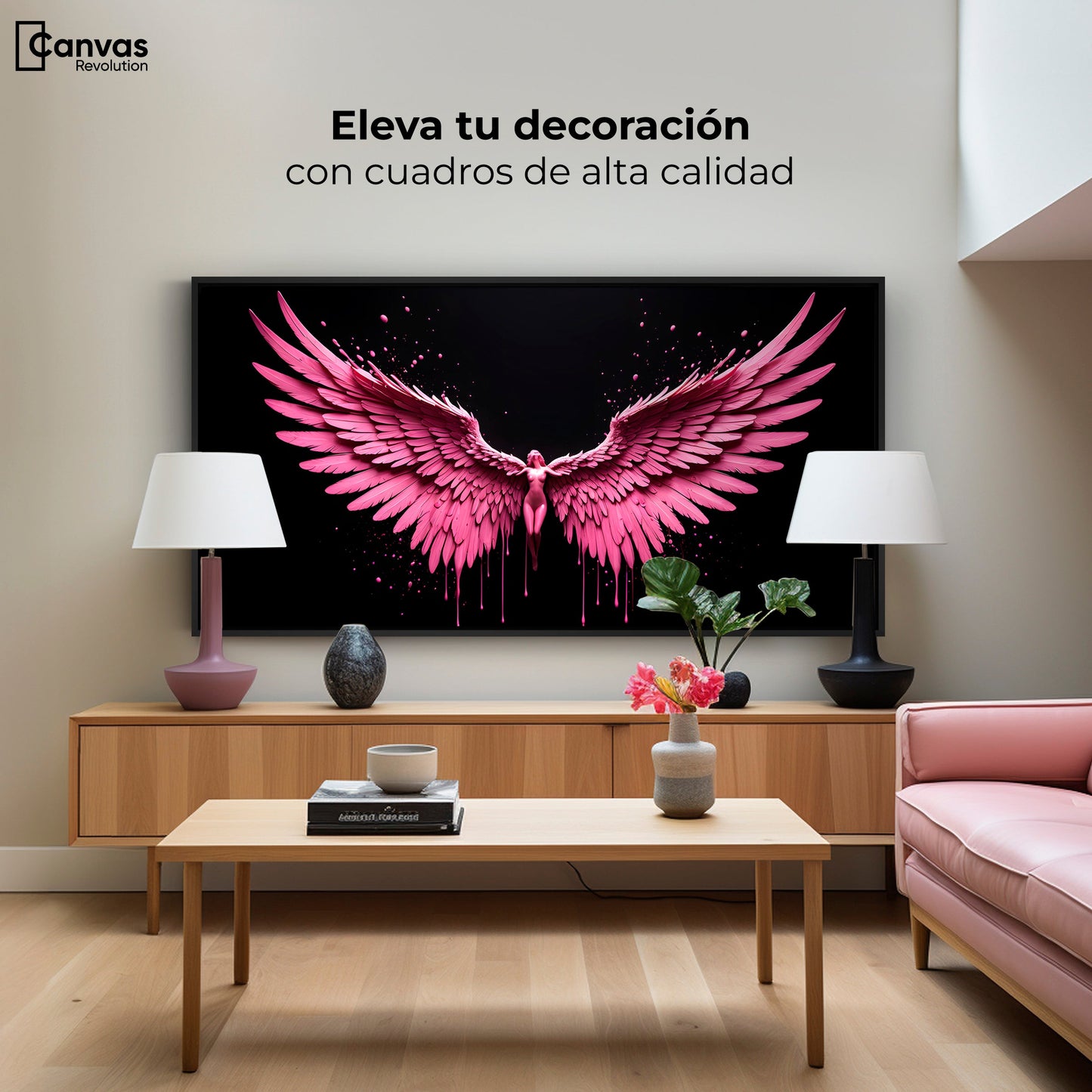Cuadros Decorativos Canvas Revolution | Alas Rosadas Angel | Montaje2