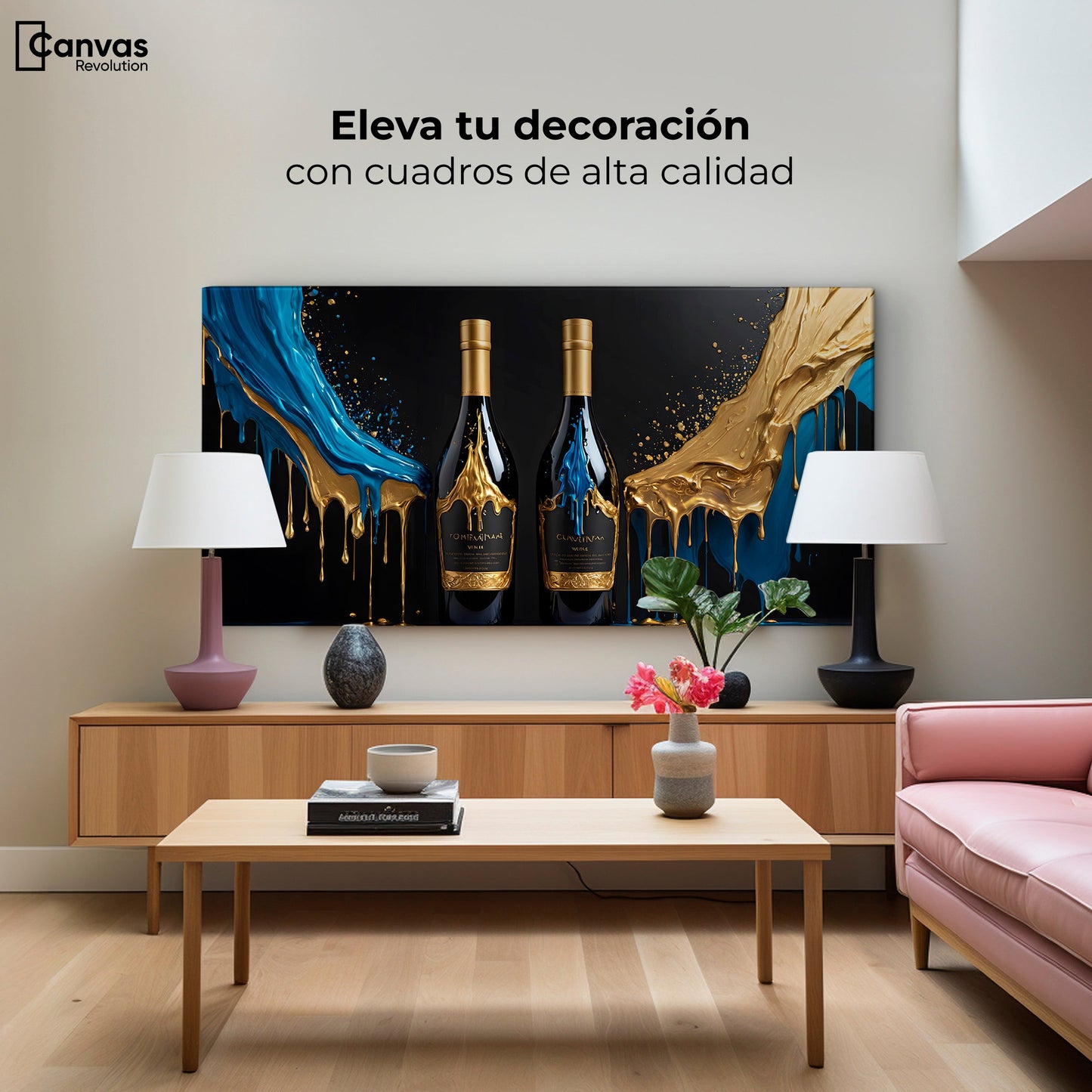 Cuadros Decorativos Canvas Revolution | Botella Azul Dorado | Montaje2