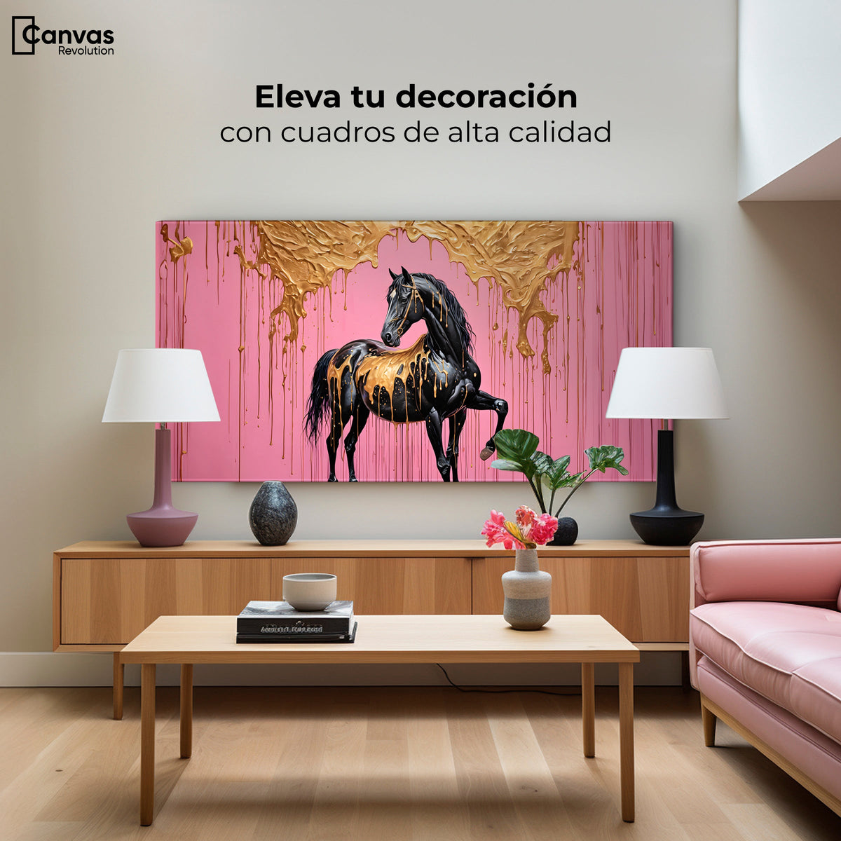 Cuadros Decorativos Canvas Revolution | Caballo Oro Rosa | Montaje2