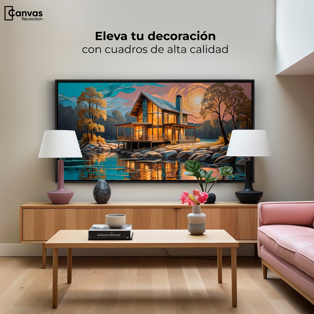 Cuadros Decorativos Canvas Revolution | Cabana Junto Lago | Montaje2