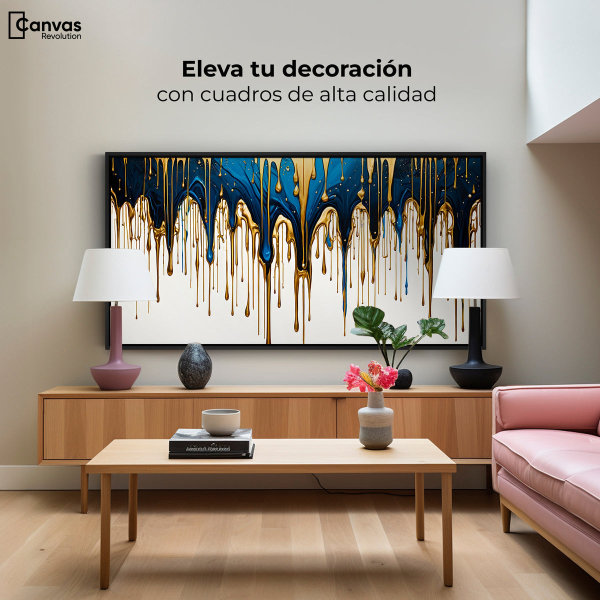Cuadros Decorativos Canvas Revolution | Cascada Azul Dorado | Montaje2