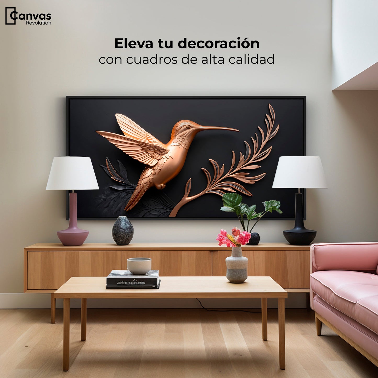 Cuadros Decorativos Canvas Revolution | Colibri Dorado | Montaje2