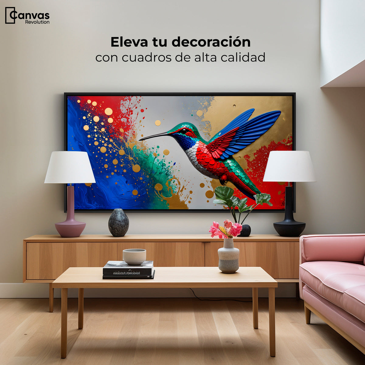 Cuadros Decorativos Canvas Revolution | Colibri Rocio Oro | Montaje2