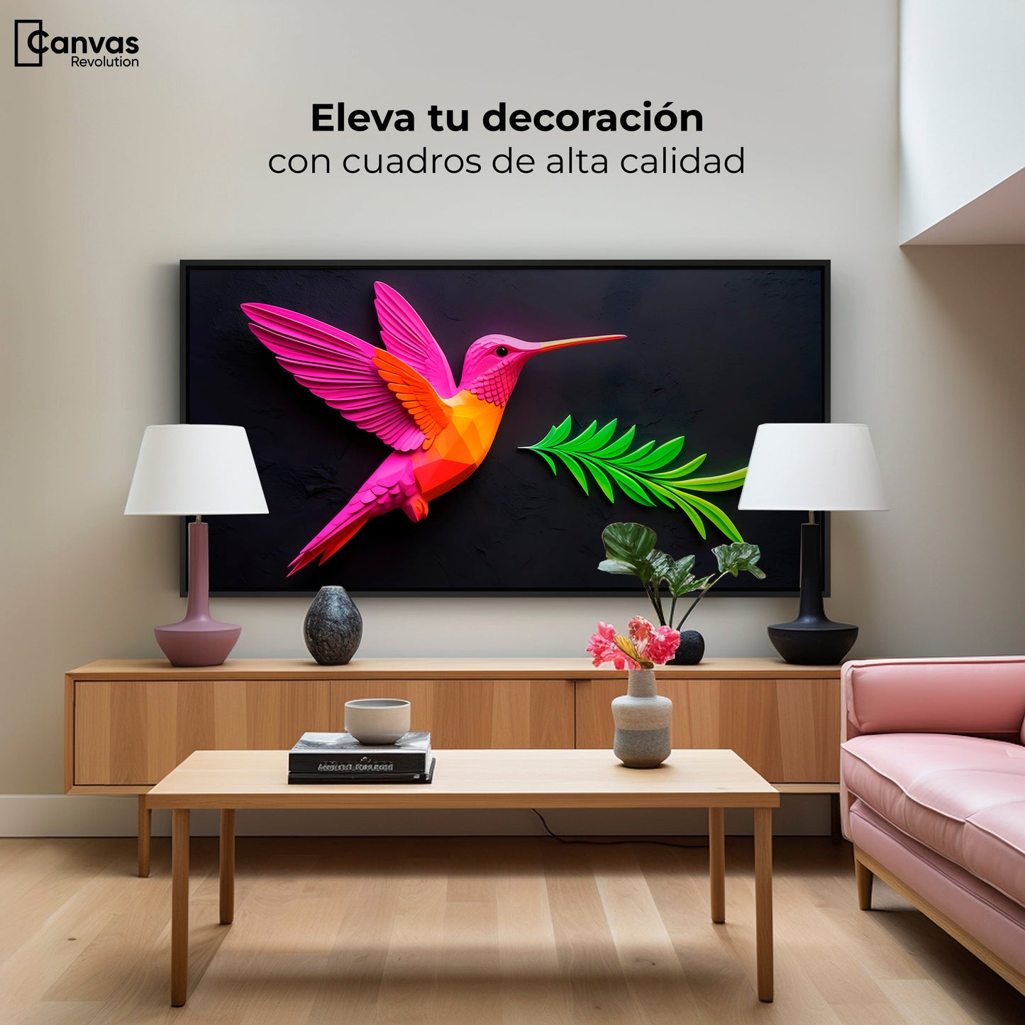 Cuadros Decorativos Canvas Revolution | Colibri Rosa Verde | Montaje2