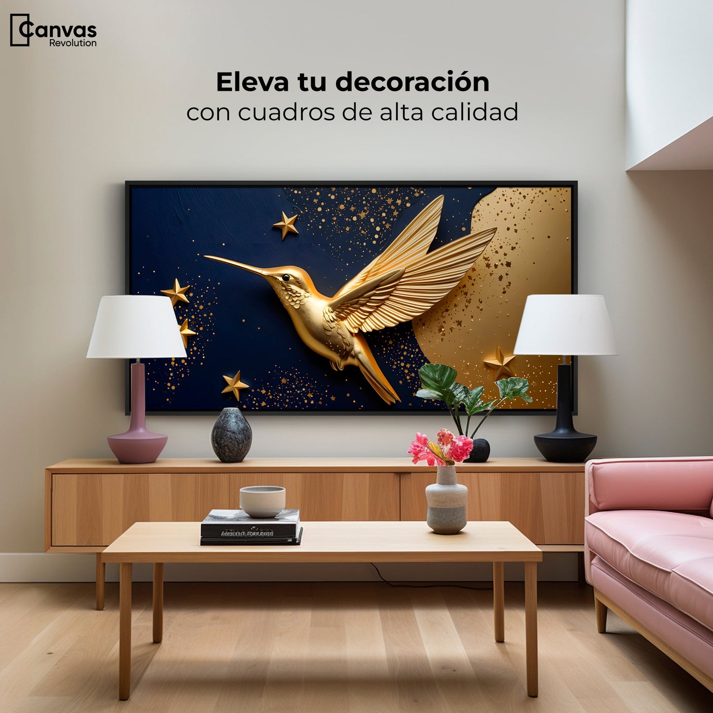 Cuadros Decorativos Canvas Revolution | Colibri Sol Dorado | Montaje2