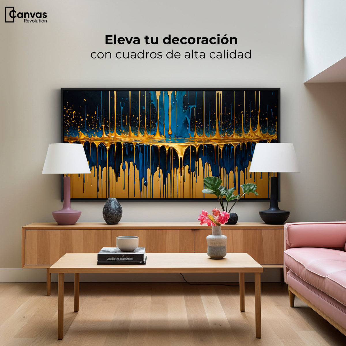 Cuadros Decorativos Canvas Revolution | Gotas Azul Doradas | Montaje2
