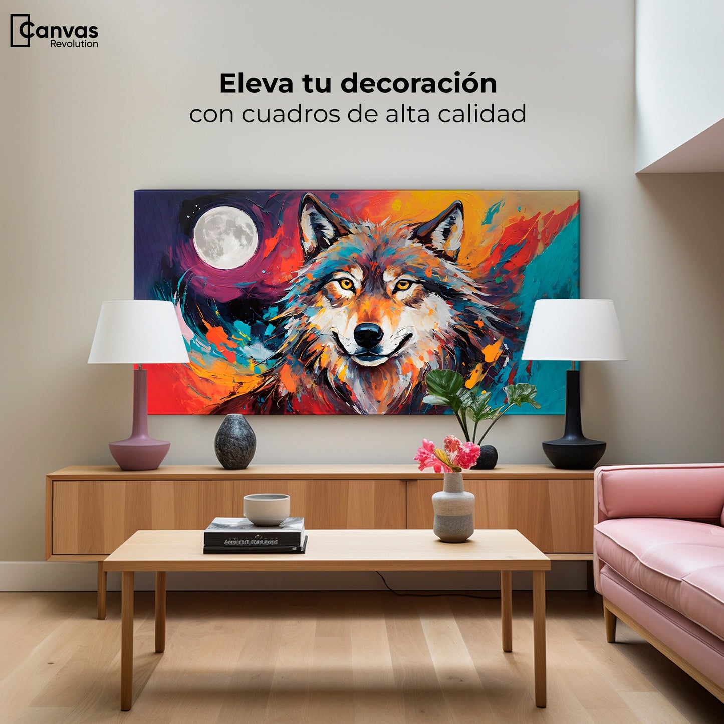 Cuadros Decorativos Canvas Revolution | Lobo Luna Llena | Montaje2