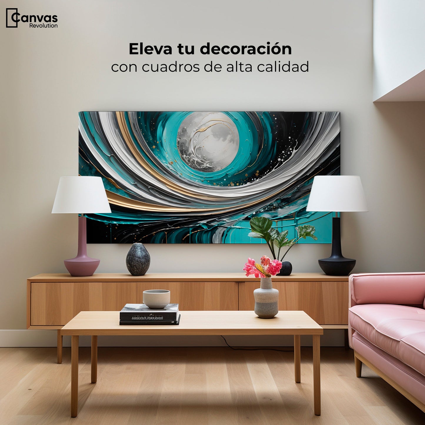 Cuadros Decorativos Canvas Revolution | Luna Abstracto Gold | Montaje2