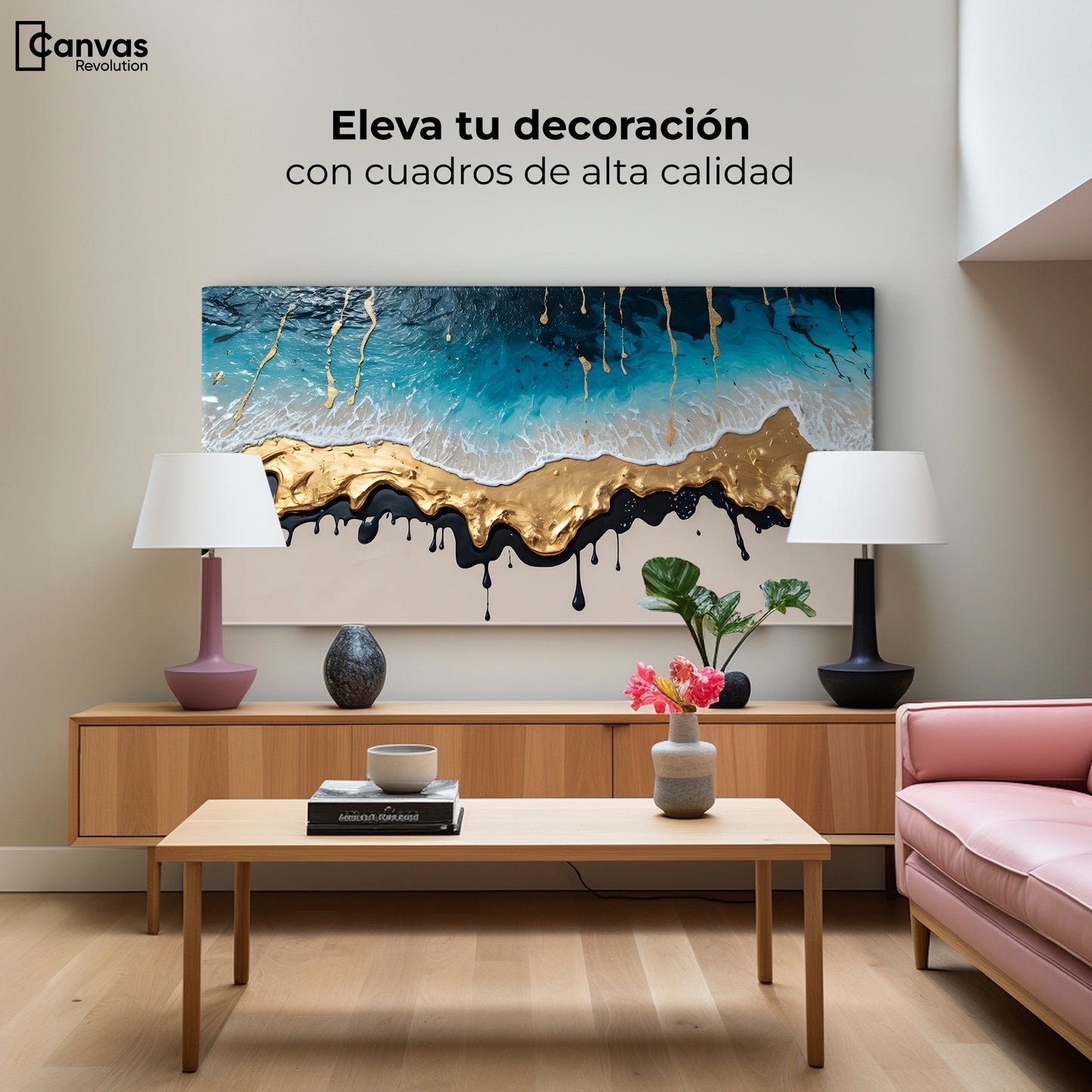 Cuadros Decorativos Canvas Revolution | Olas Azul Doradas | Montaje2