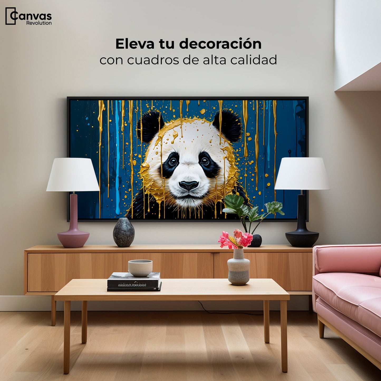 Cuadros Decorativos Canvas Revolution | Panda Lluvia Azul | Montaje2