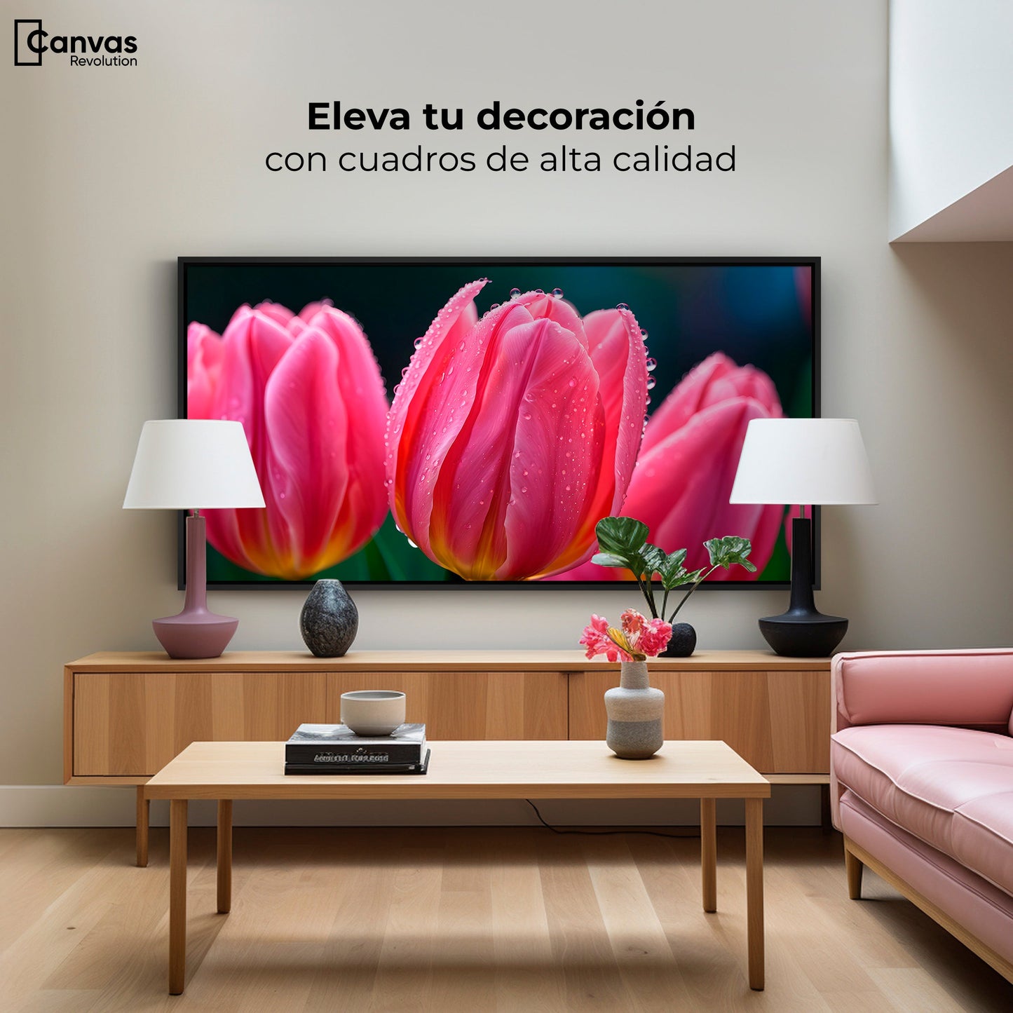 Cuadros Decorativos Canvas Revolution | Tulipanes Rosa Vivo | Montaje2