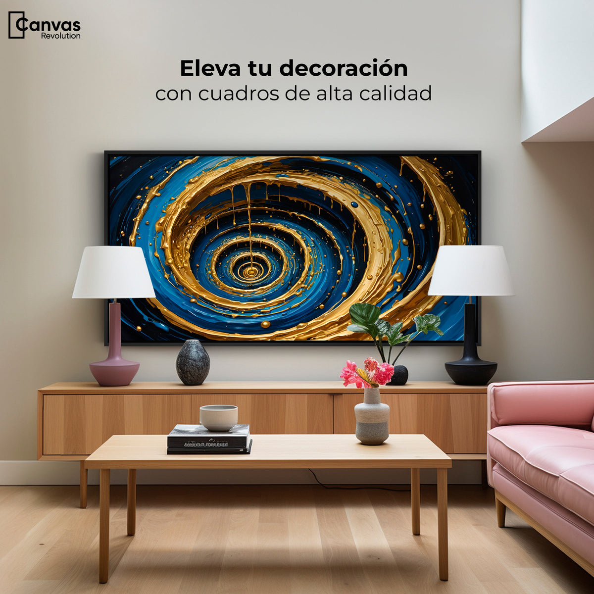 Cuadros Decorativos Canvas Revolution | Vortice Dorados | Montaje2