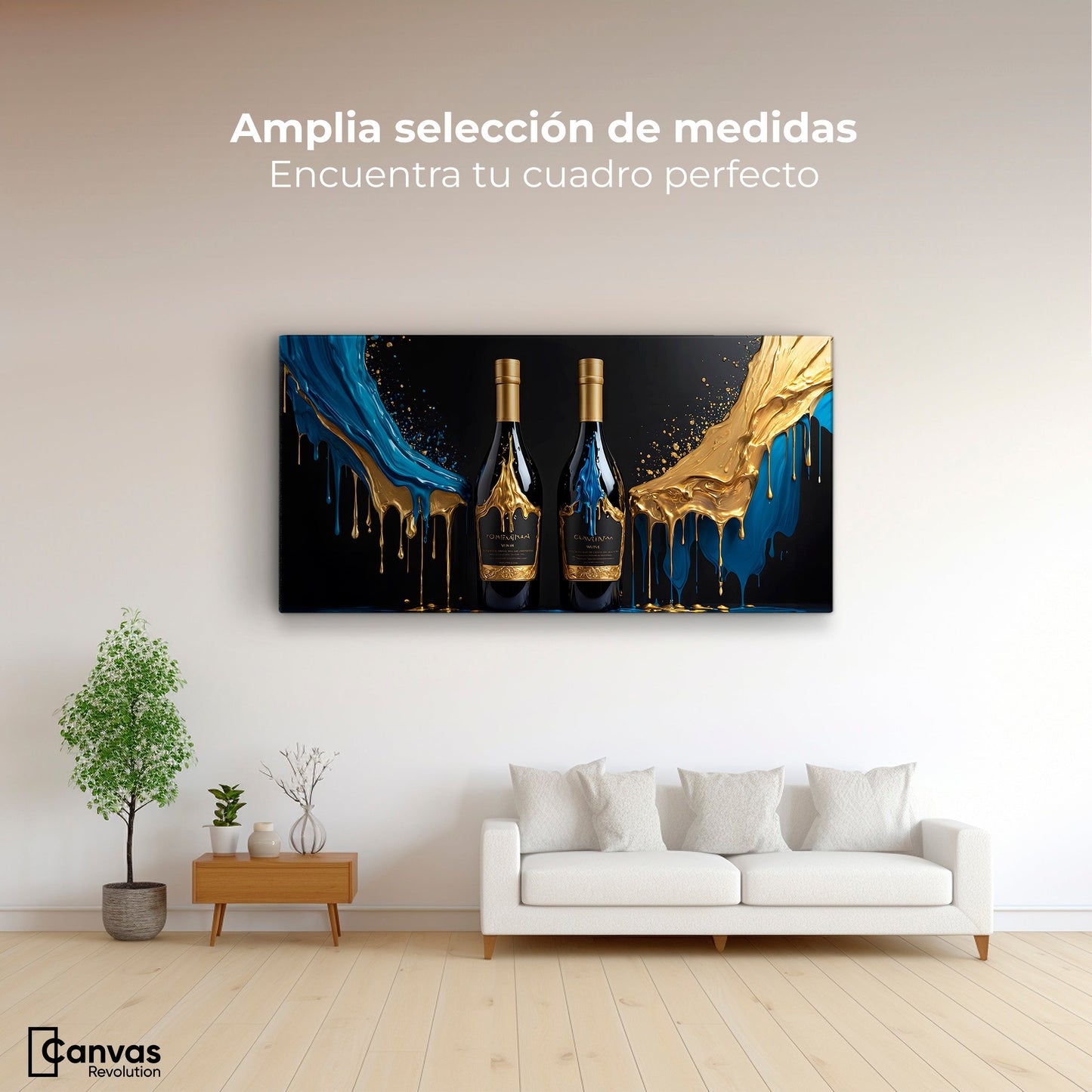 Cuadros Decorativos Canvas Revolution | Botella Azul Dorado | Montaje3