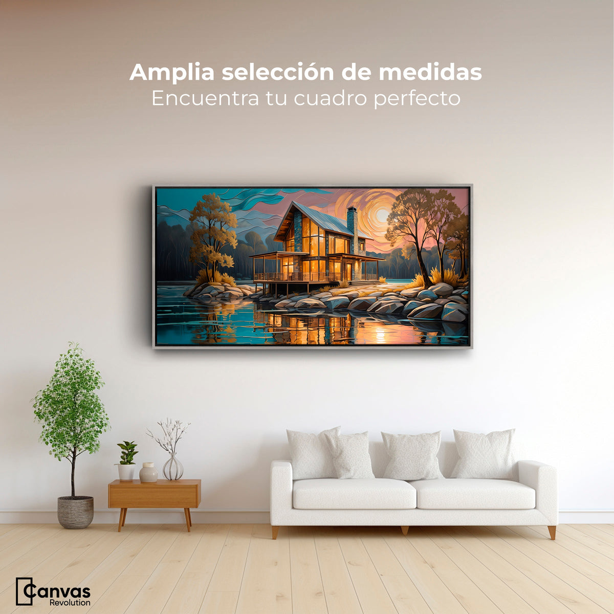 Cuadros Decorativos Canvas Revolution | Cabana Junto Lago | Montaje3