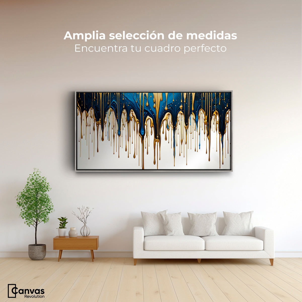 Cuadros Decorativos Canvas Revolution | Cascada Azul Dorado | Montaje3