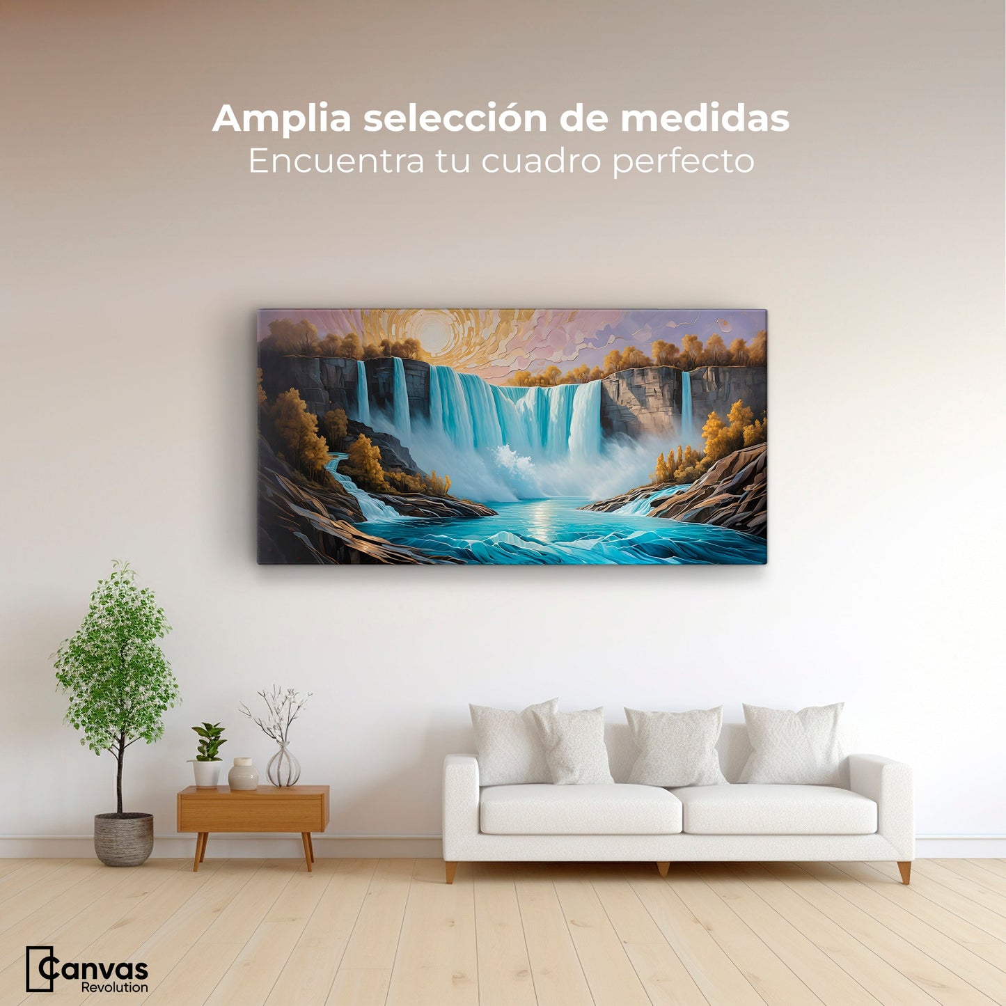 Cuadros Decorativos Canvas Revolution | Cascada Dorada Sol | Montaje3
