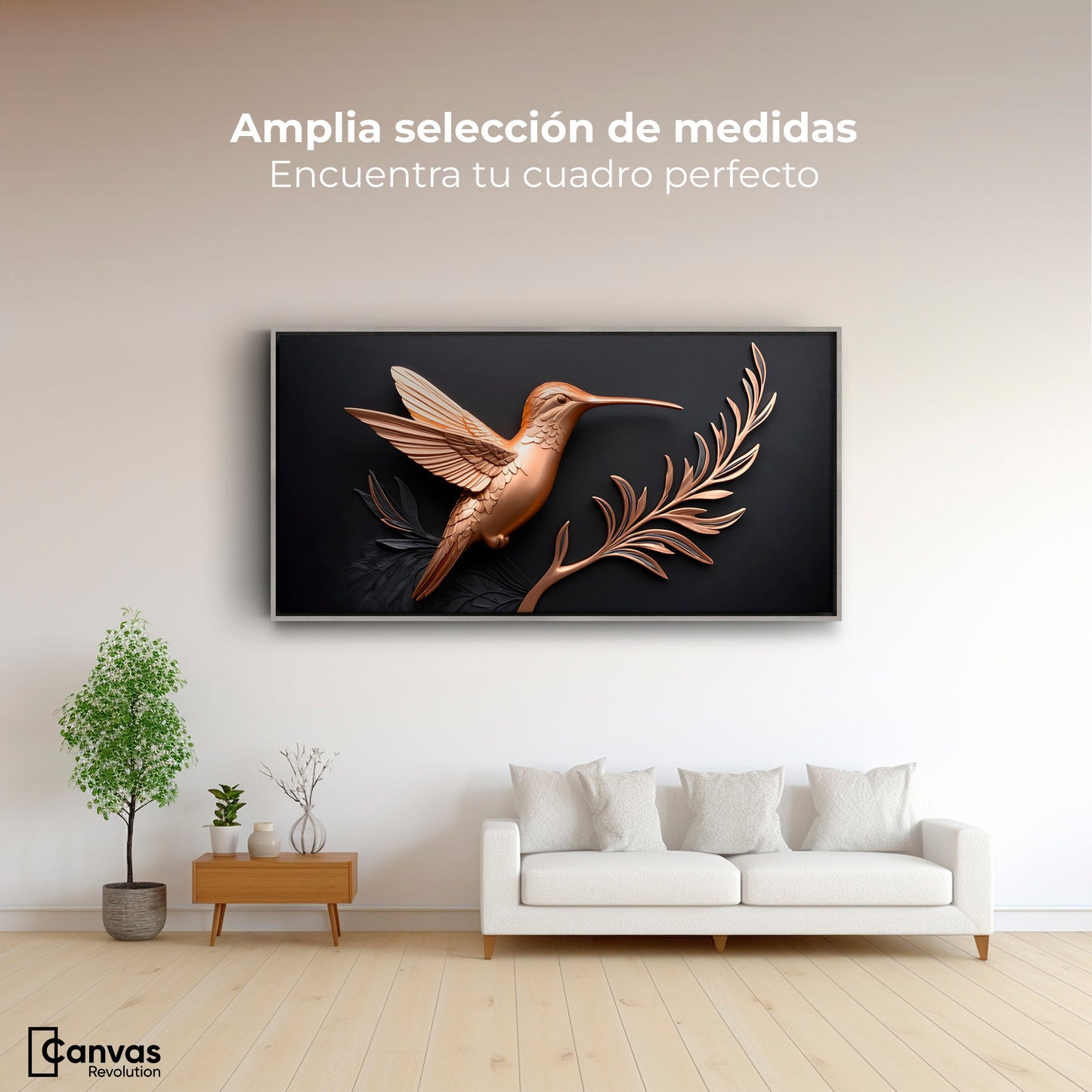 Cuadros Decorativos Canvas Revolution | Colibri Dorado | Montaje3