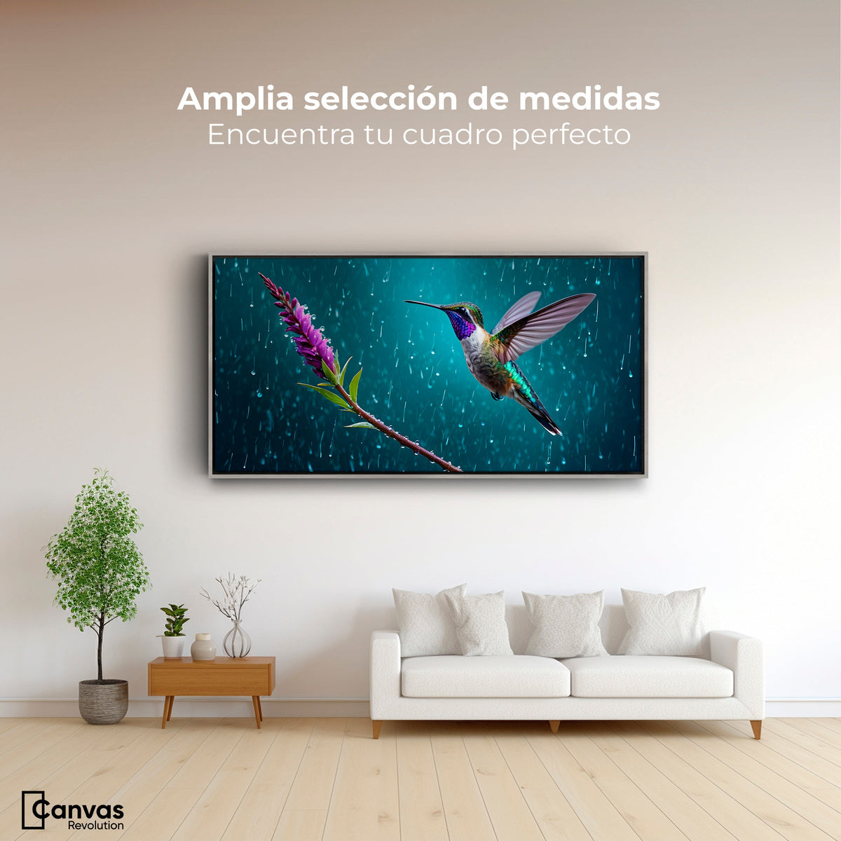 Cuadros Decorativos Canvas Revolution | Colibri Flor Lluvia | Montaje3