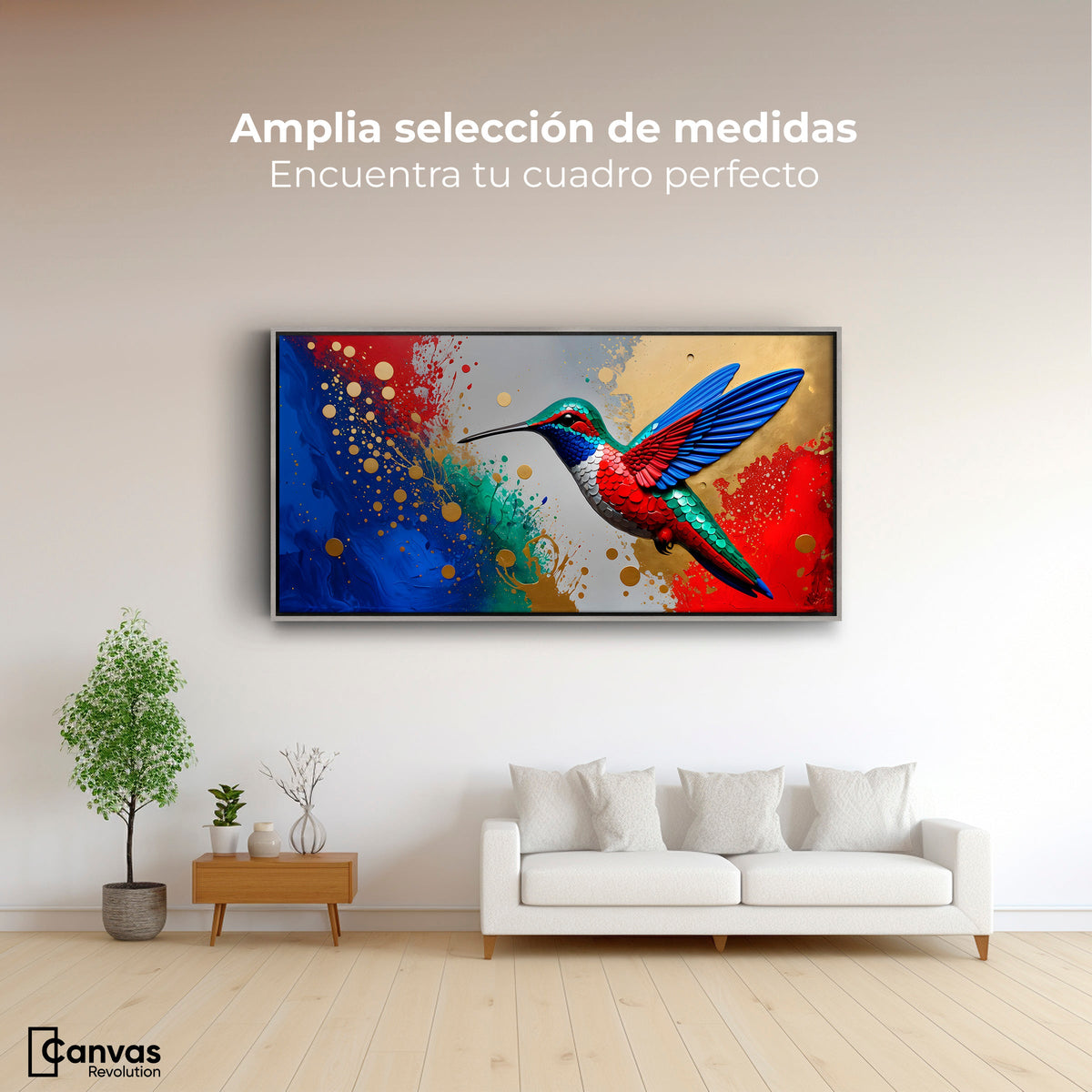 Cuadros Decorativos Canvas Revolution | Colibri Rocio Oro | Montaje3