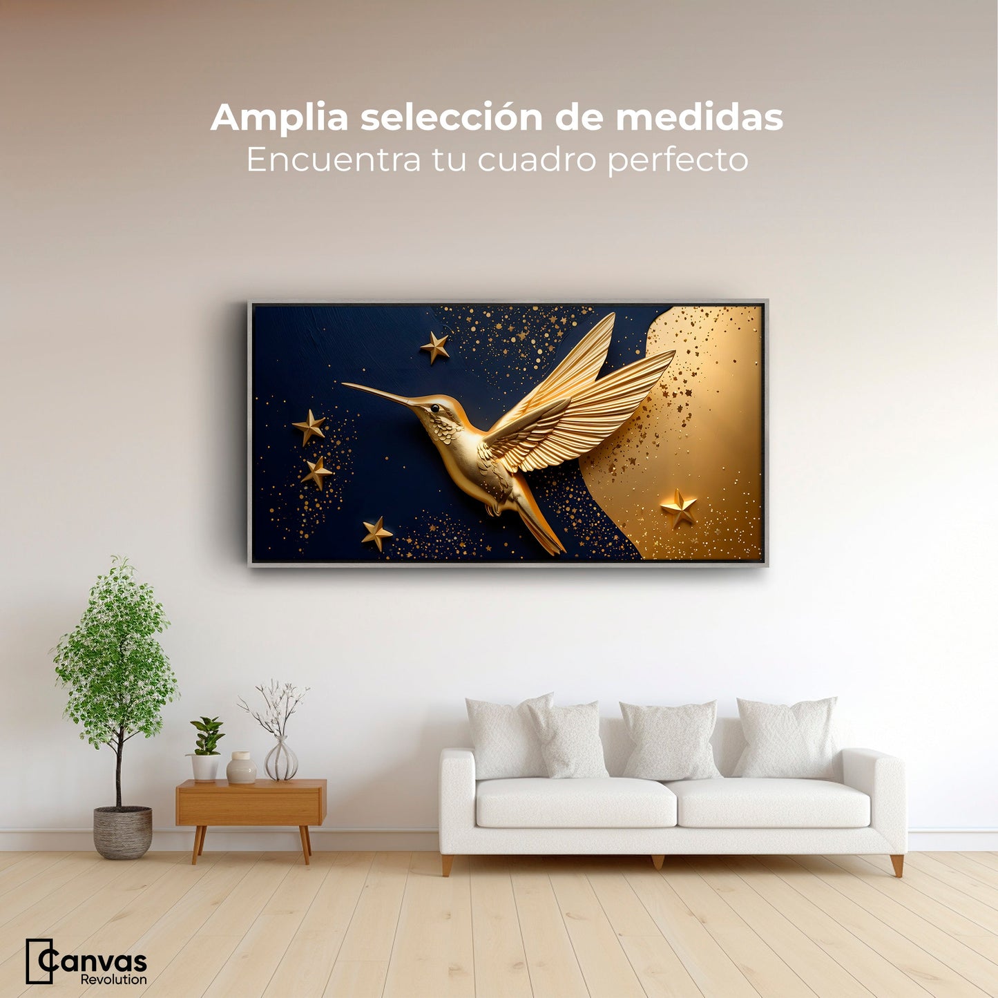 Cuadros Decorativos Canvas Revolution | Colibri Sol Dorado | Montaje3