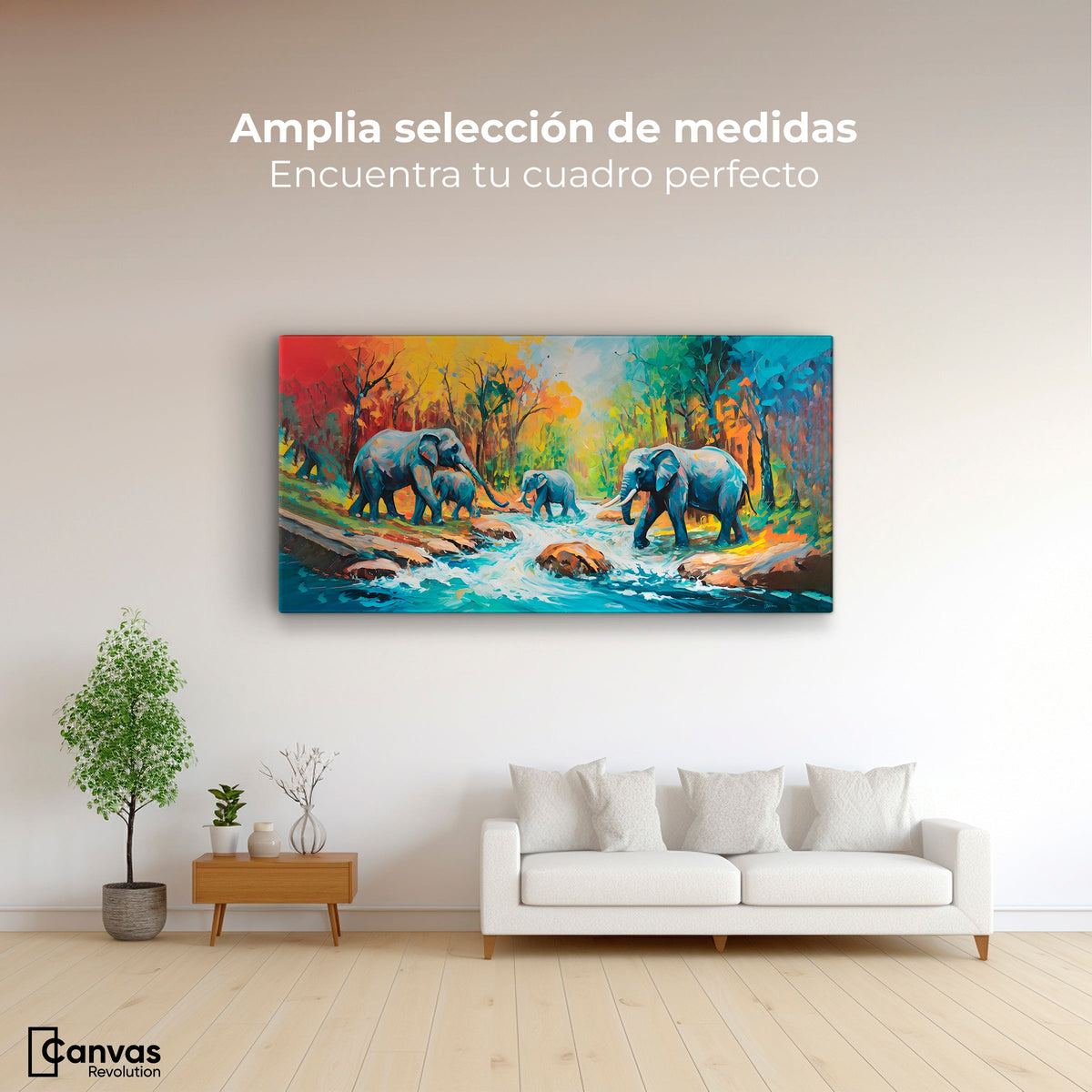 Cuadros Decorativos Canvas Revolution | Cruce Elefantes | Montaje3