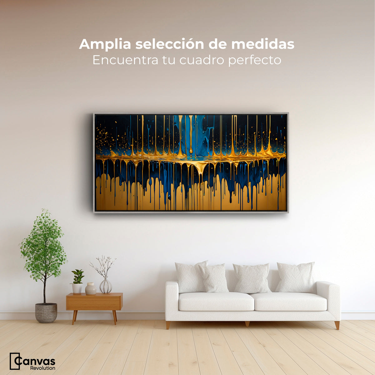 Cuadros Decorativos Canvas Revolution | Gotas Azul Doradas | Montaje3