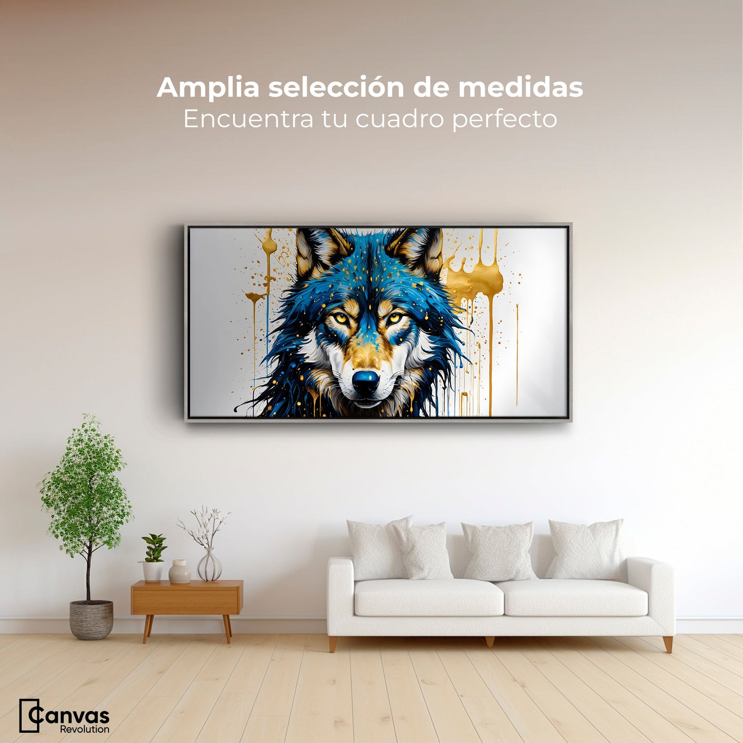 Cuadros Decorativos Canvas Revolution | Lobo Azul Dorado | Montaje3