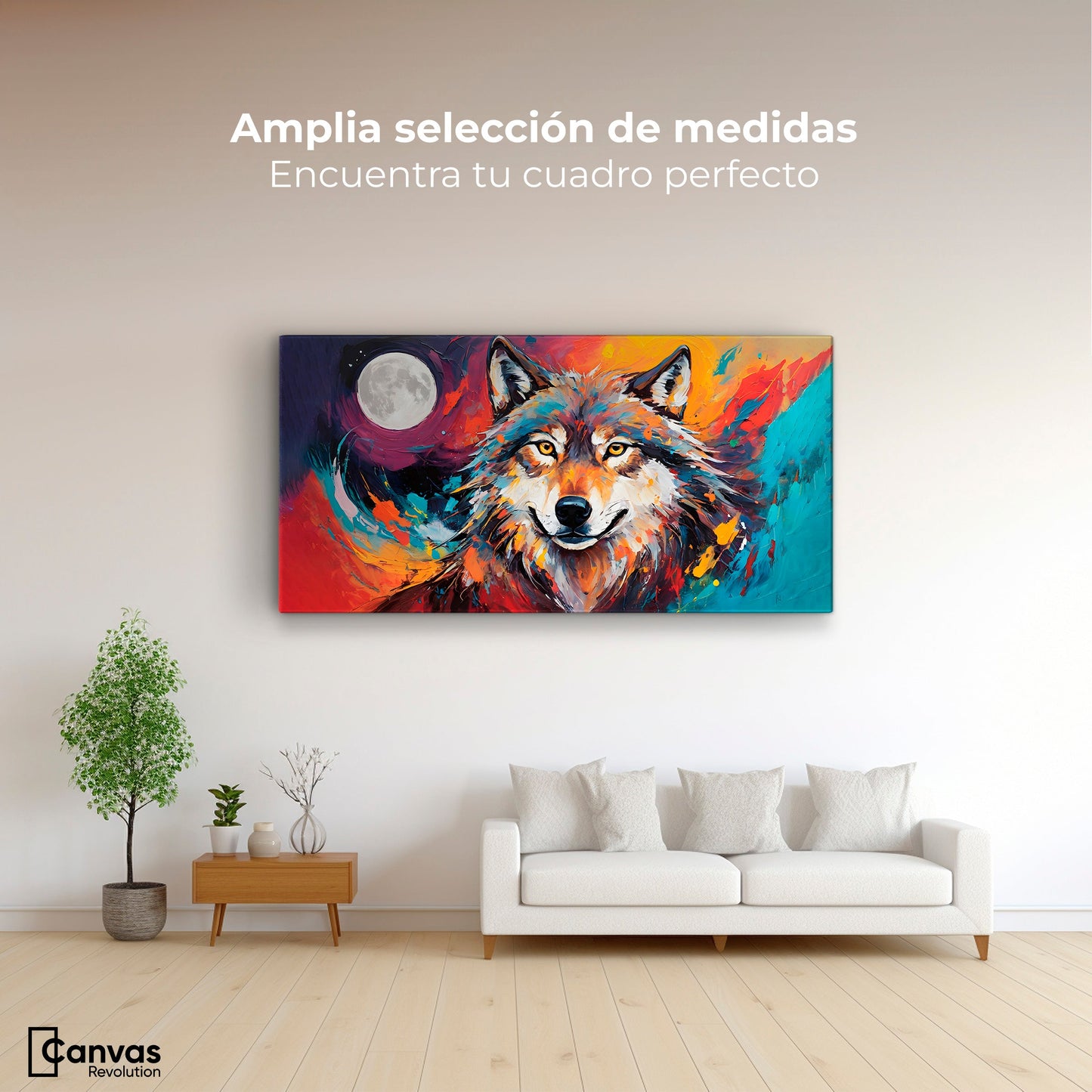 Cuadros Decorativos Canvas Revolution | Lobo Luna Llena | Montaje3
