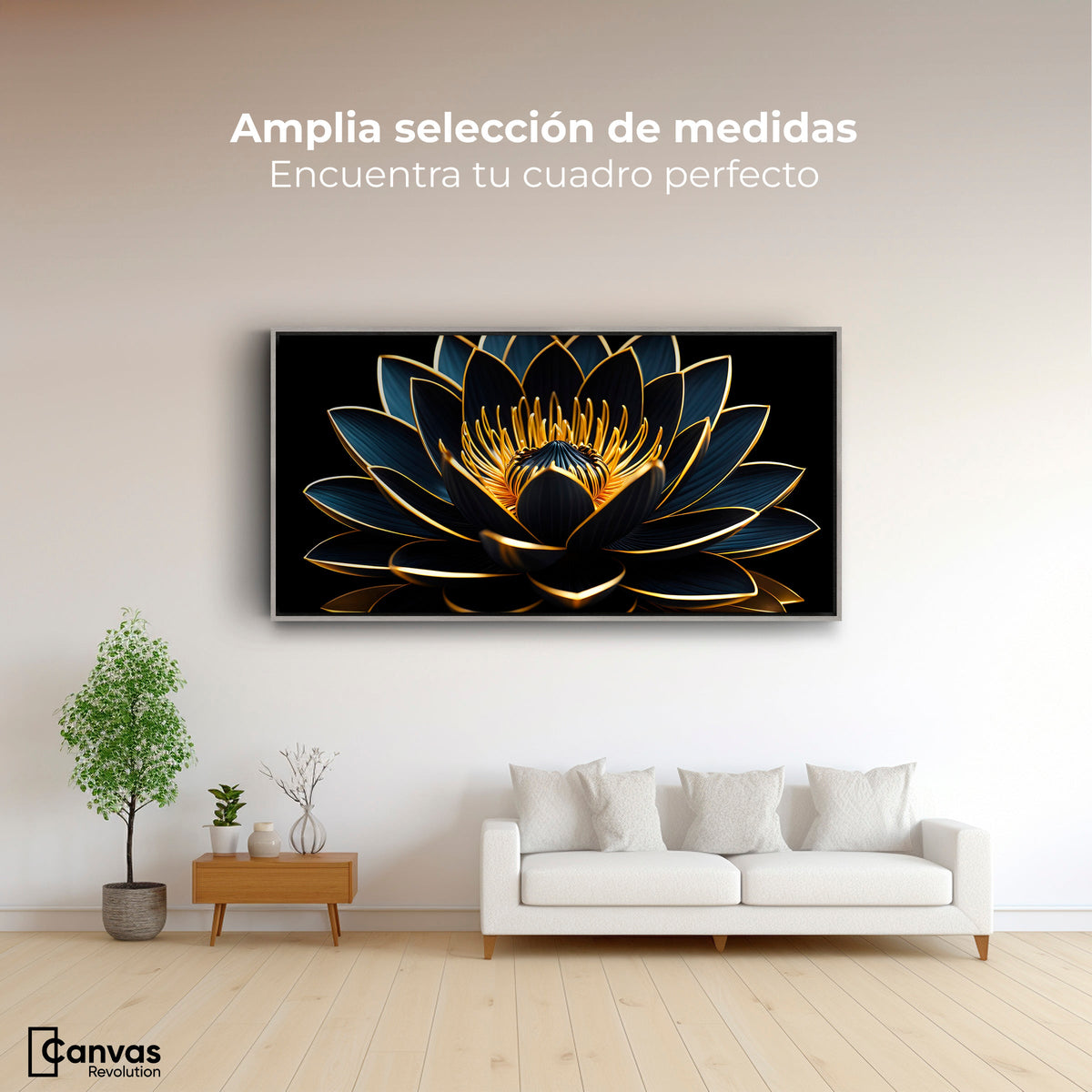 Cuadros Decorativos Canvas Revolution | Loto Oro Oscuro | Montaje3