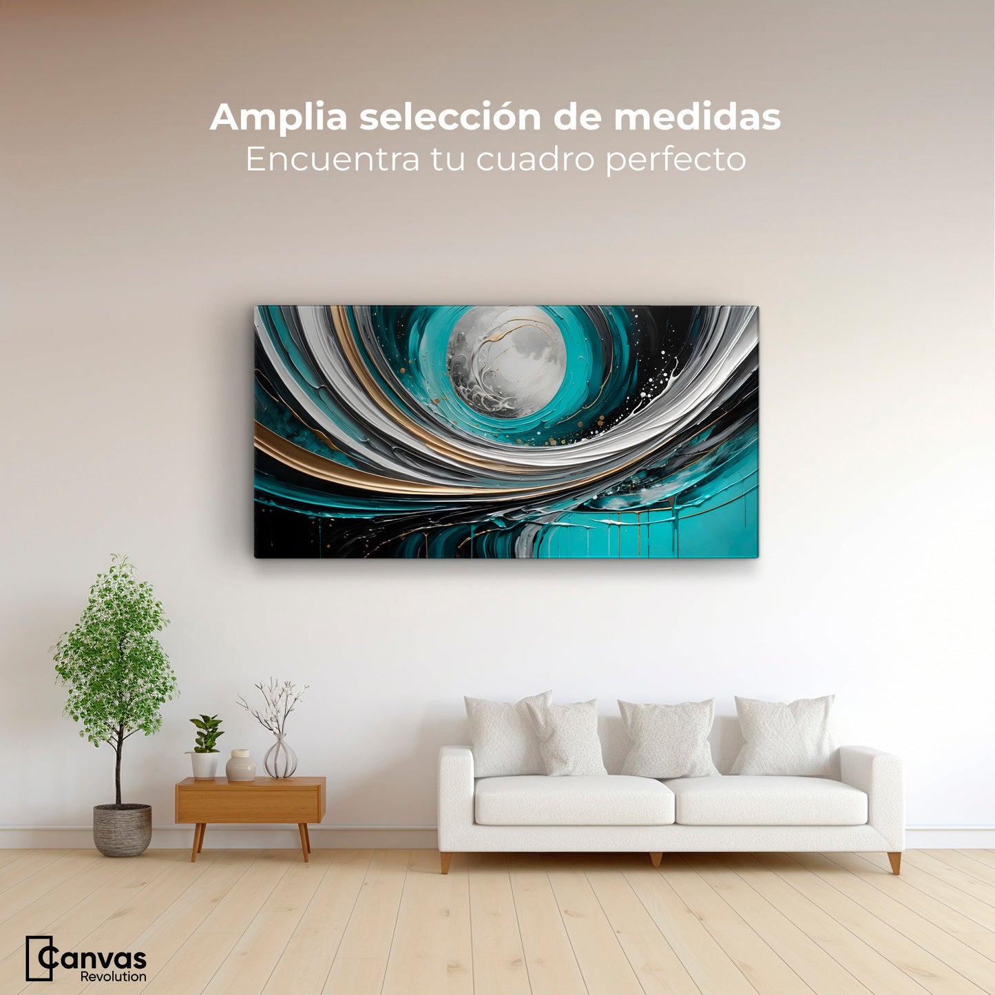 Cuadros Decorativos Canvas Revolution | Luna Abstracto Gold | Montaje3