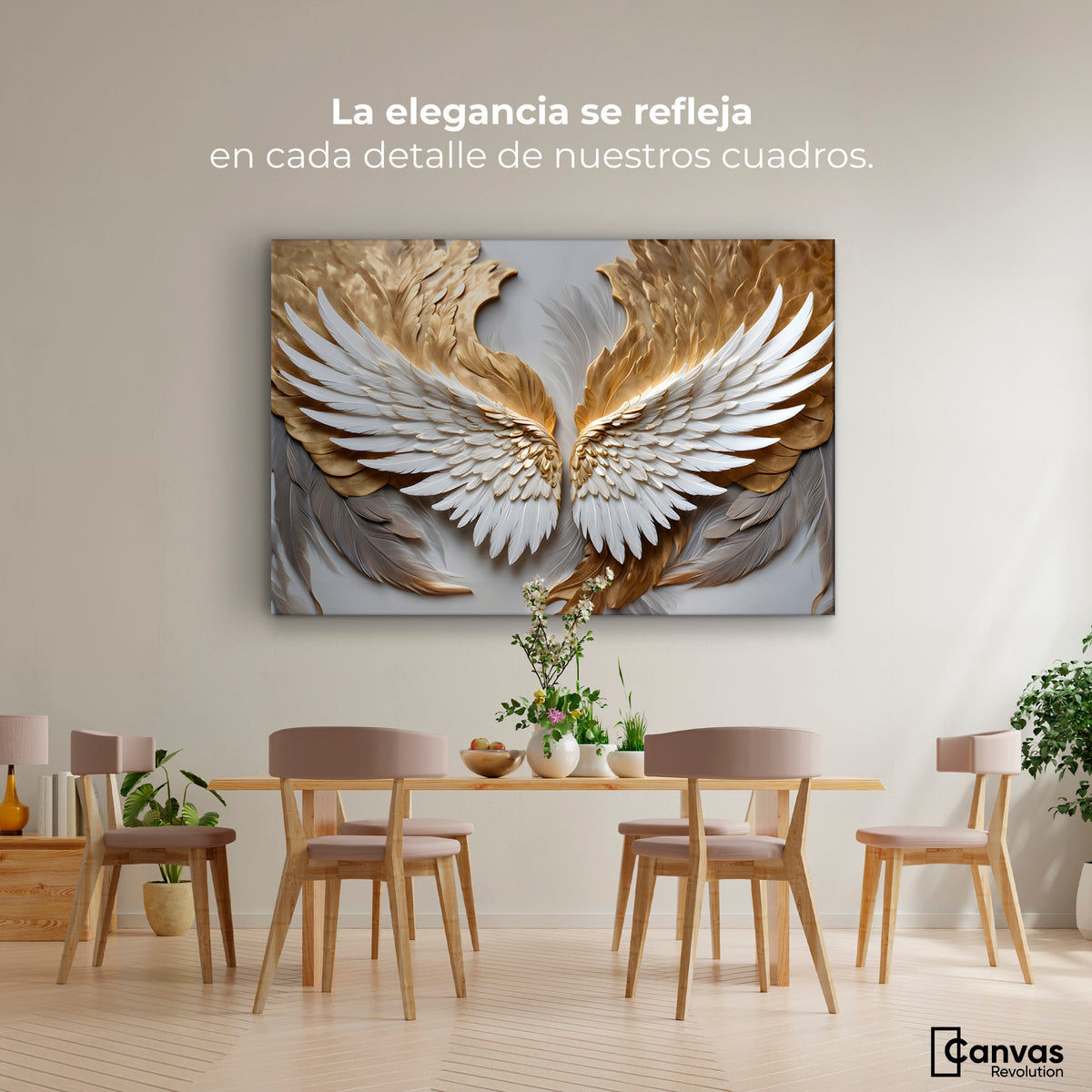 Cuadros Decorativos Canvas Revolution | Alas Plumas Doradas | Montaje4