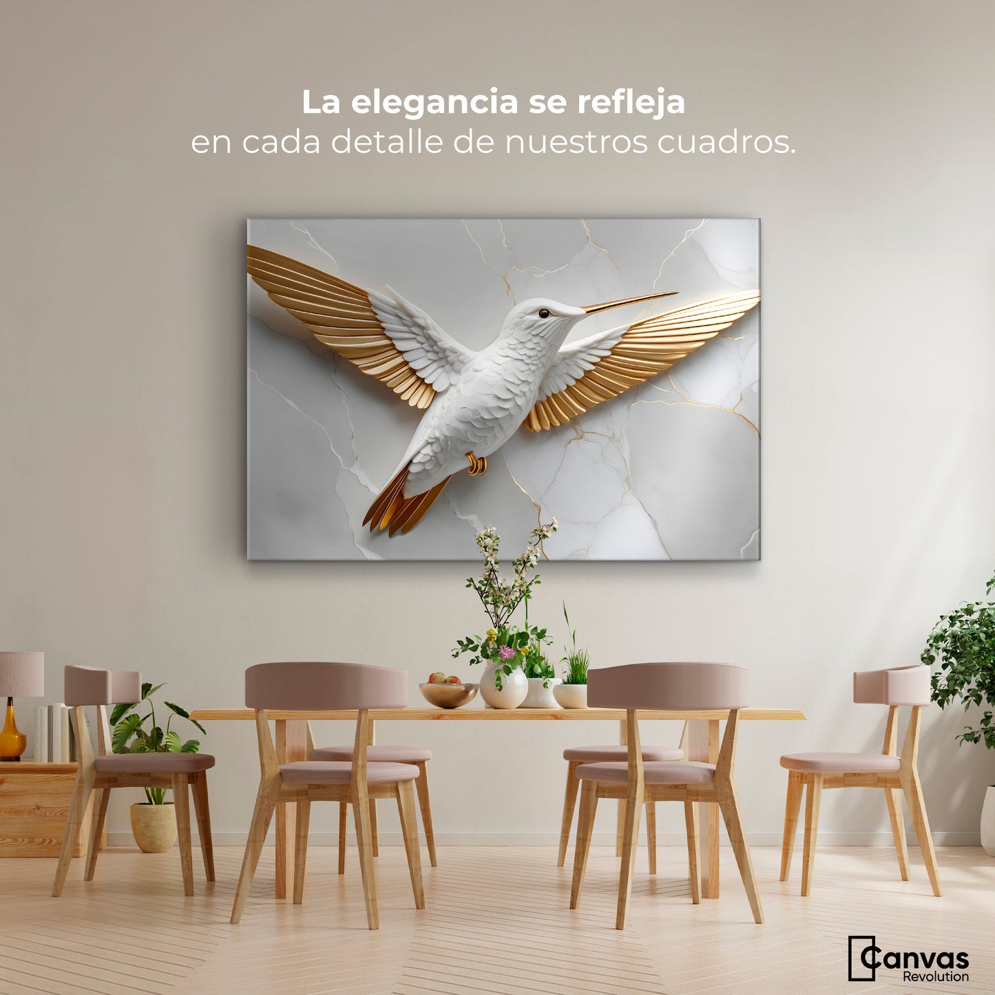 Cuadros Decorativos Canvas Revolution | Colibri Ala Dorada | Montaje4