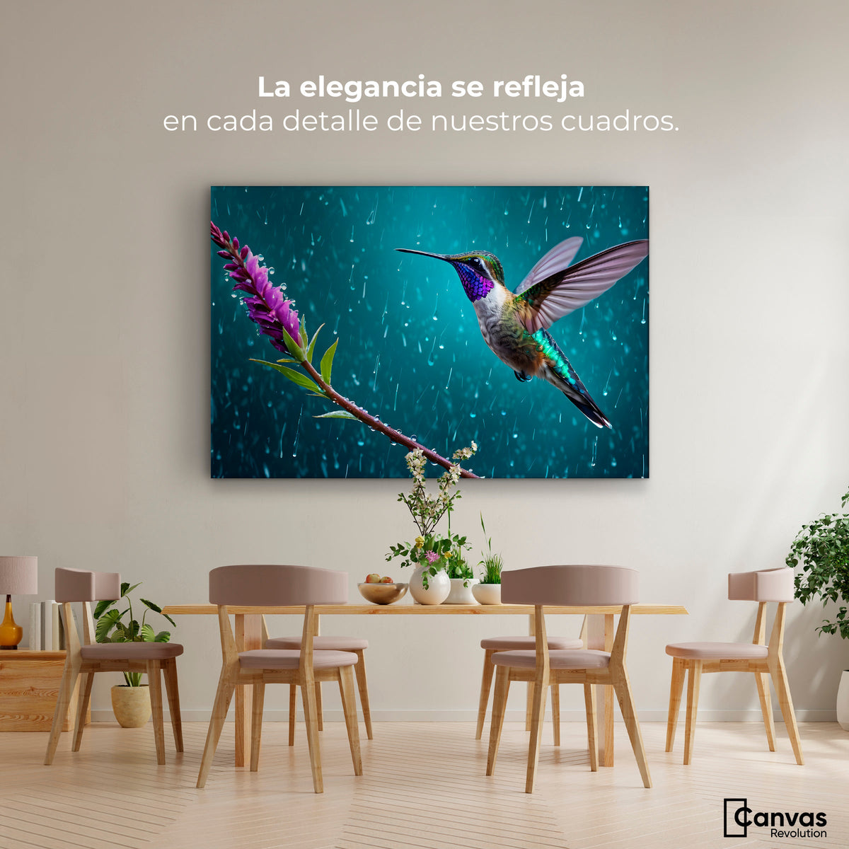 Cuadros Decorativos Canvas Revolution | Colibri Flor Lluvia | Montaje4