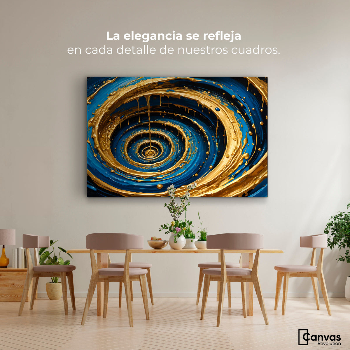 Cuadros Decorativos Canvas Revolution | Vortice Dorados | Montaje4