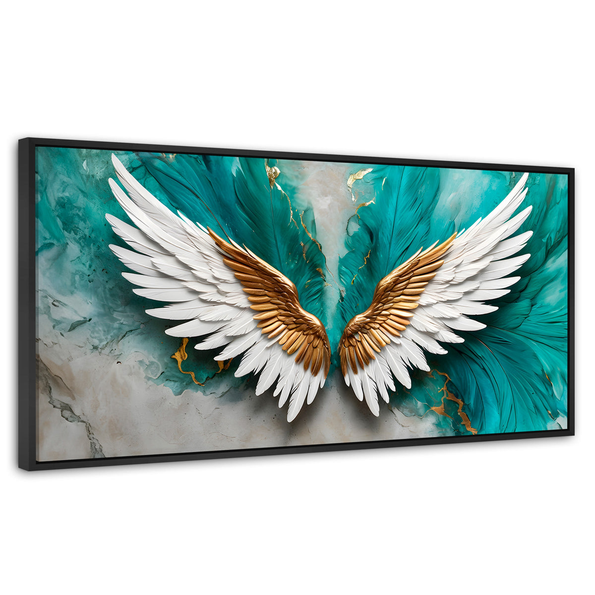 Cuadros Decorativos Canvas Revolution | Alas Angel Aqua | Panoramico | Portada | Marco Plateado