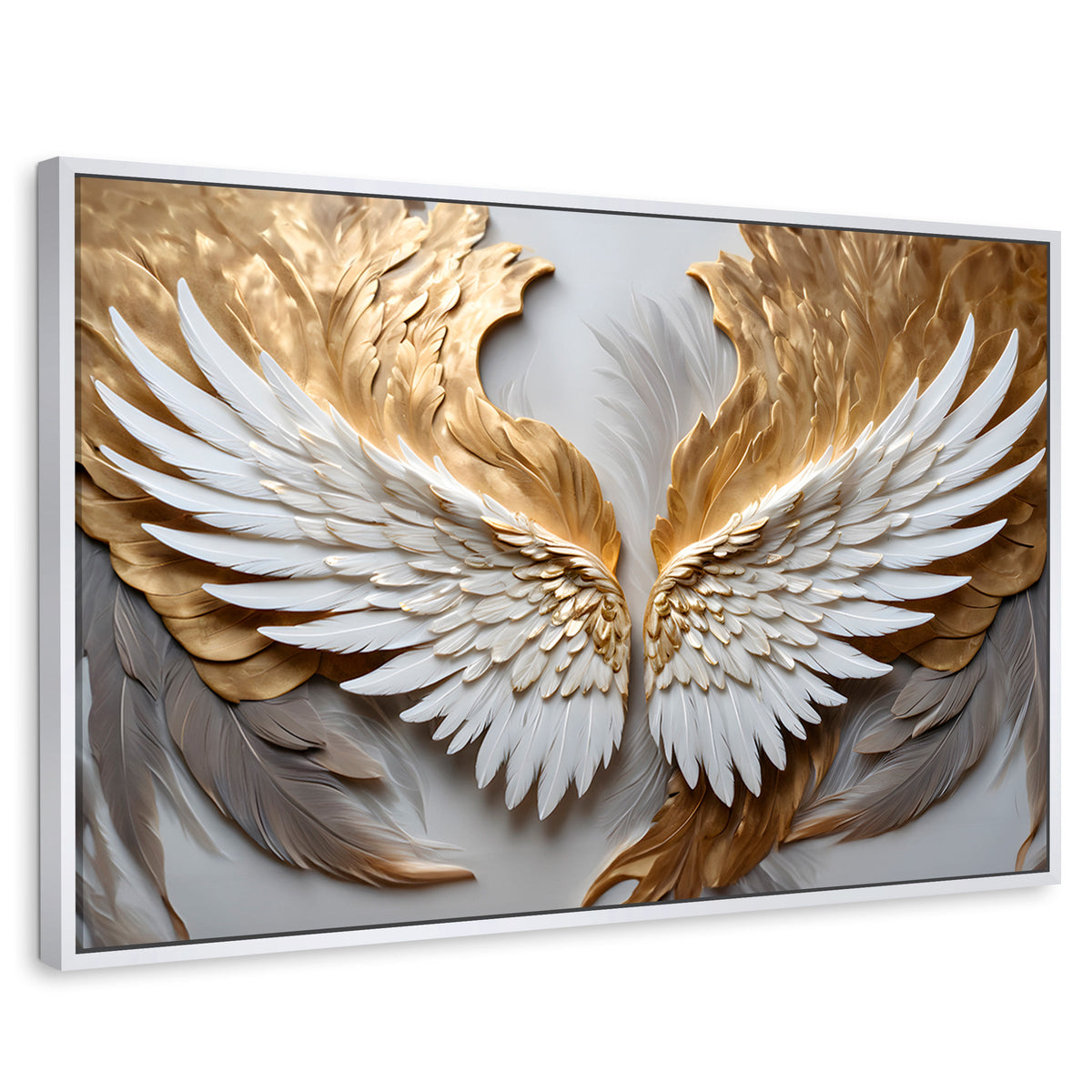 Cuadros Decorativos Canvas Revolution | Alas Plumas Doradas | Rectangular | Portada | Marco Blanco