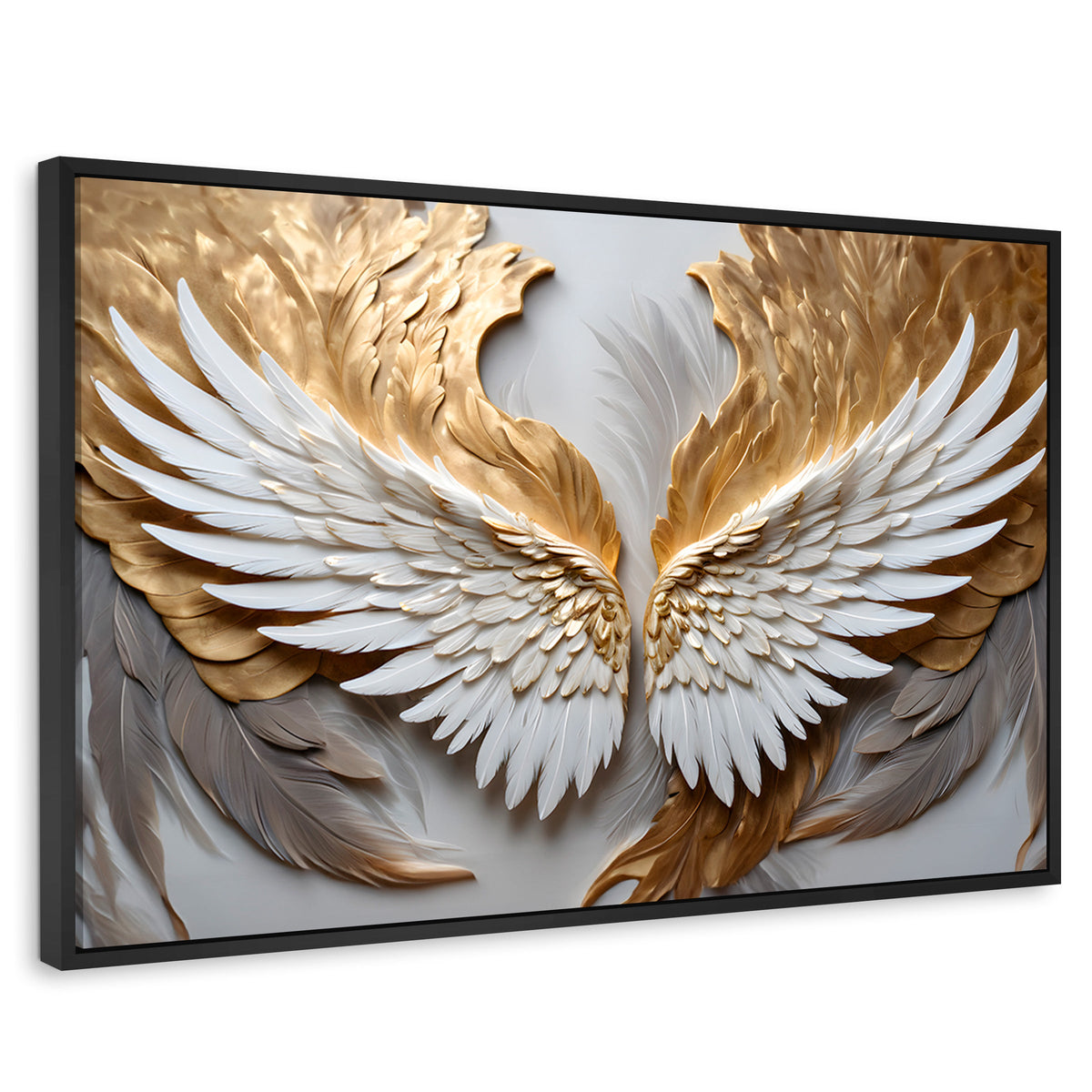 Cuadros Decorativos Canvas Revolution | Alas Plumas Doradas | Rectangular | Portada | Marco Negro
