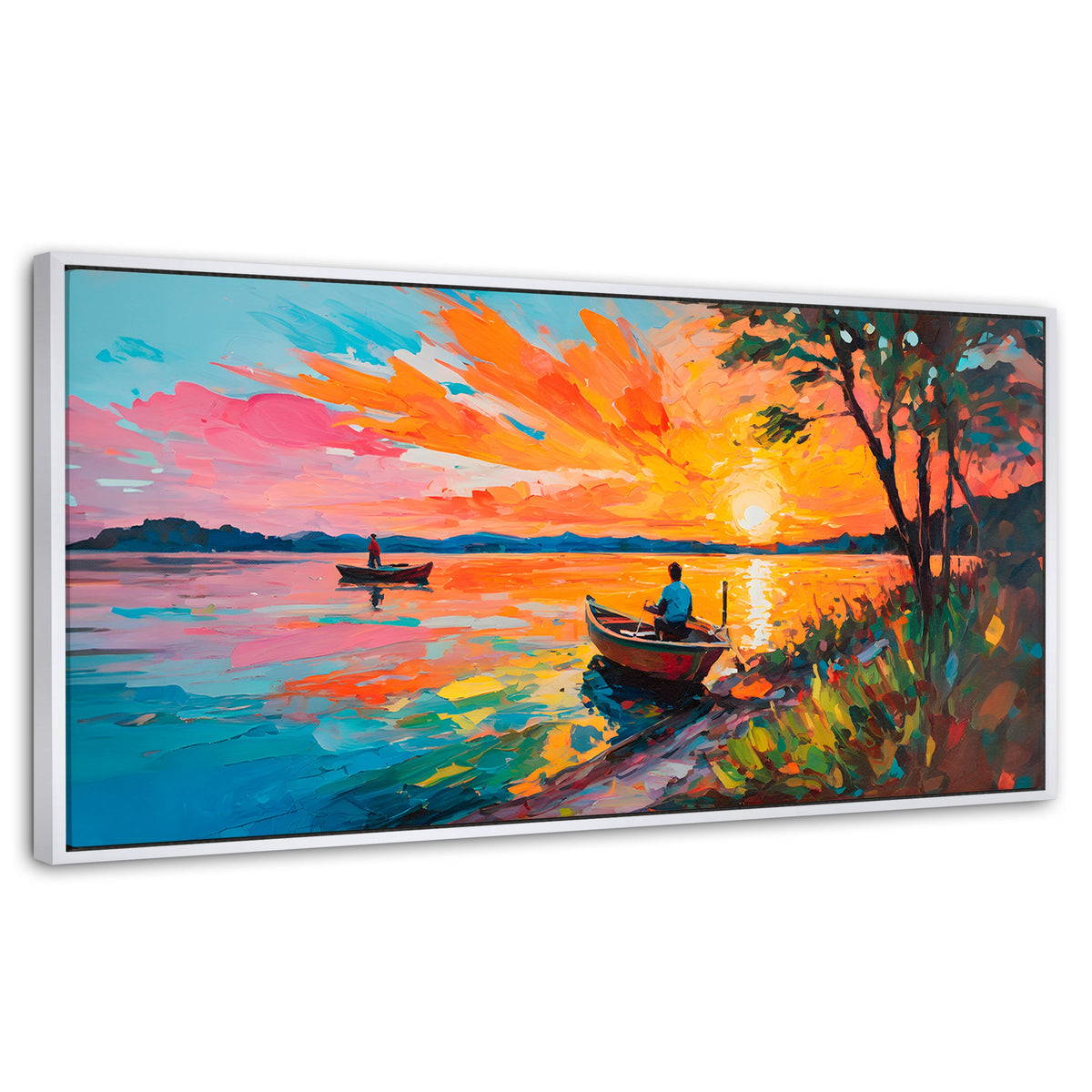 Cuadros Decorativos Canvas Revolution | Atardecer Lago | Panoramico | Portada | Marco Blanco